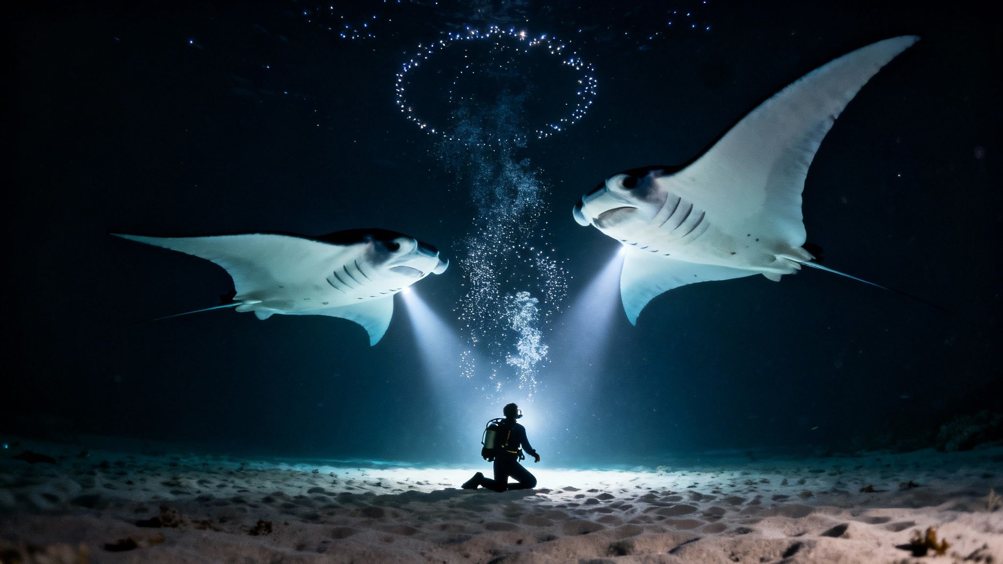 Giant manta ray gracefully swooping through the water at night, illuminated by dive lights.