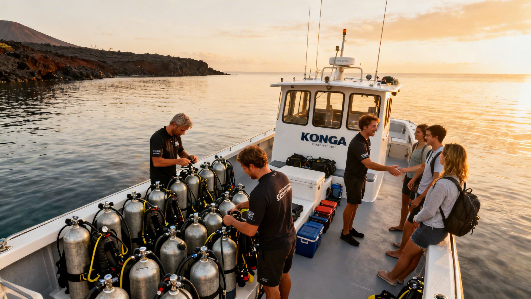 Scuba divers and crew on a boat, preparing gear at sunset with land in background.