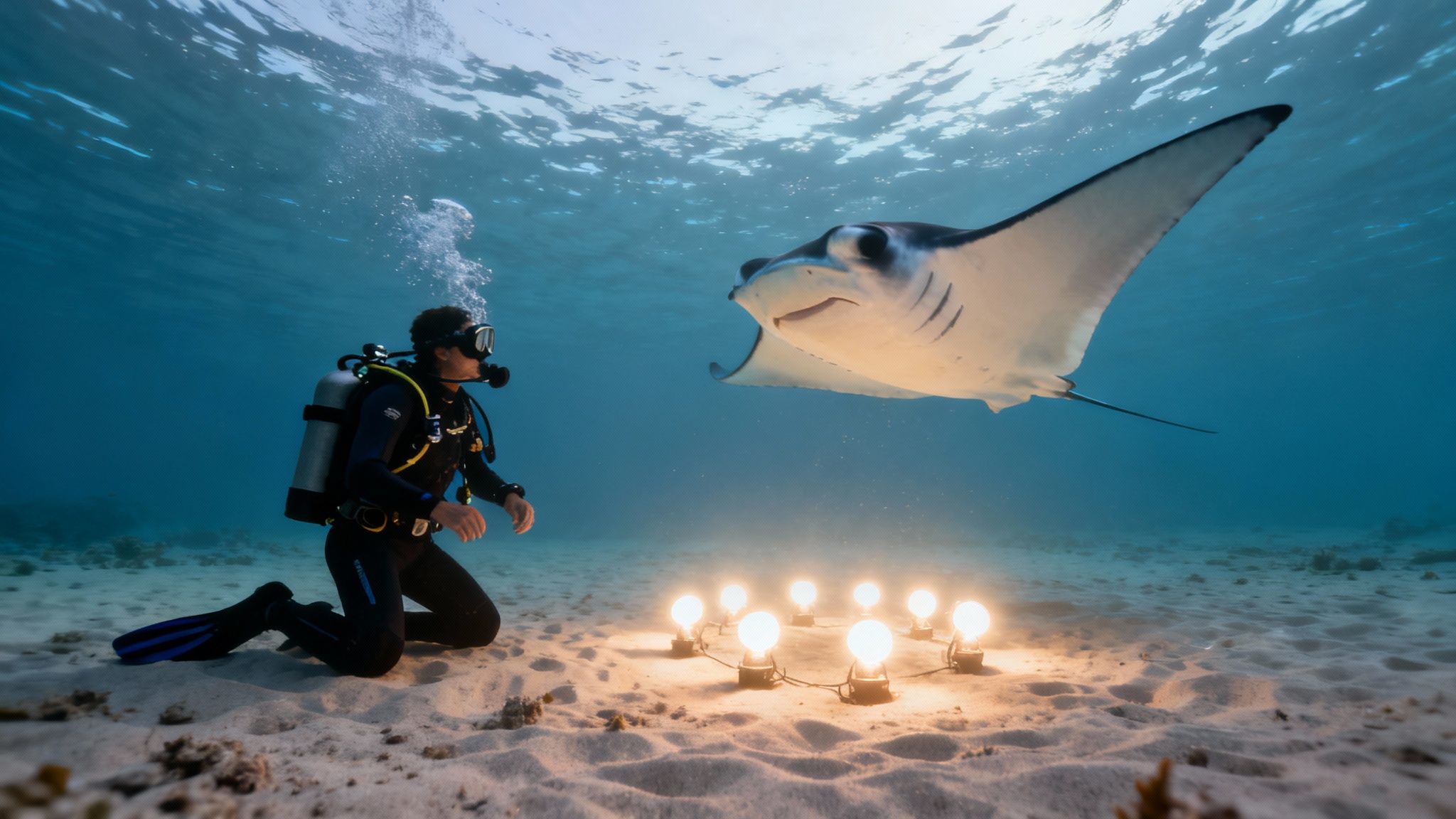 A manta ray swims gracefully over divers during a night dive in Kona.