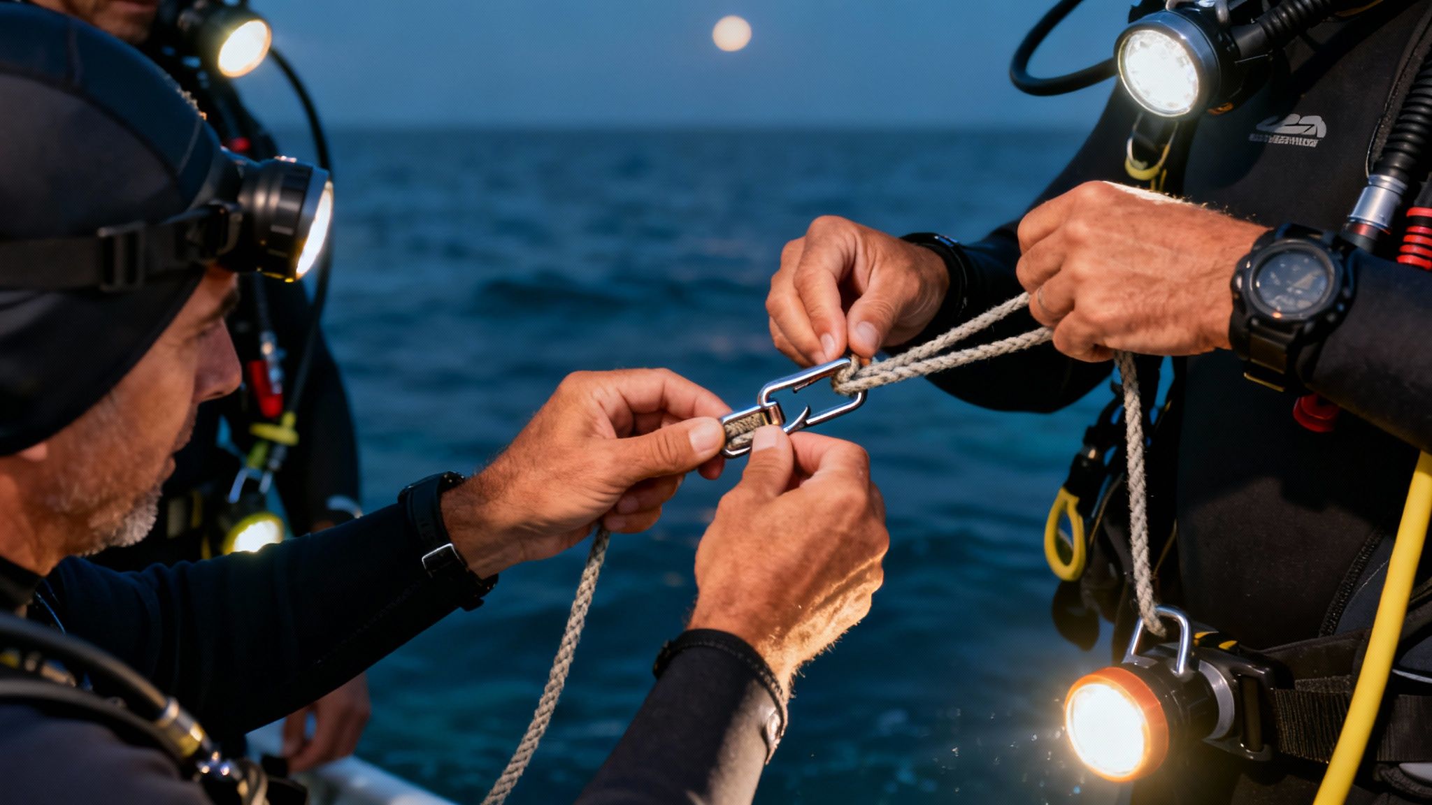 Two divers in wetsuits with headlamps attaching a rope to a metal link under a full moon at night.