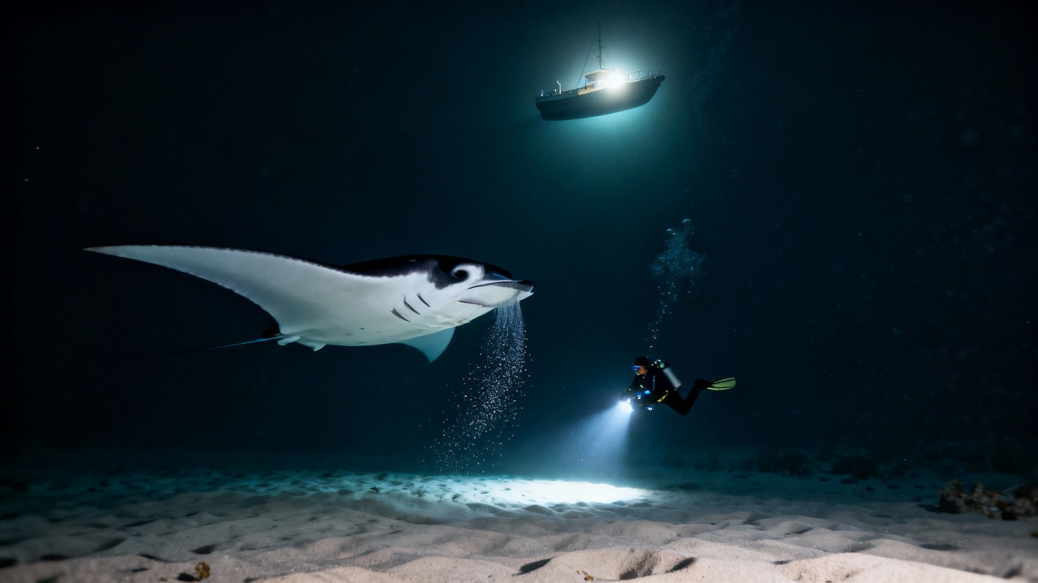 A diver shines a light on a feeding manta ray at night, with a boat above.