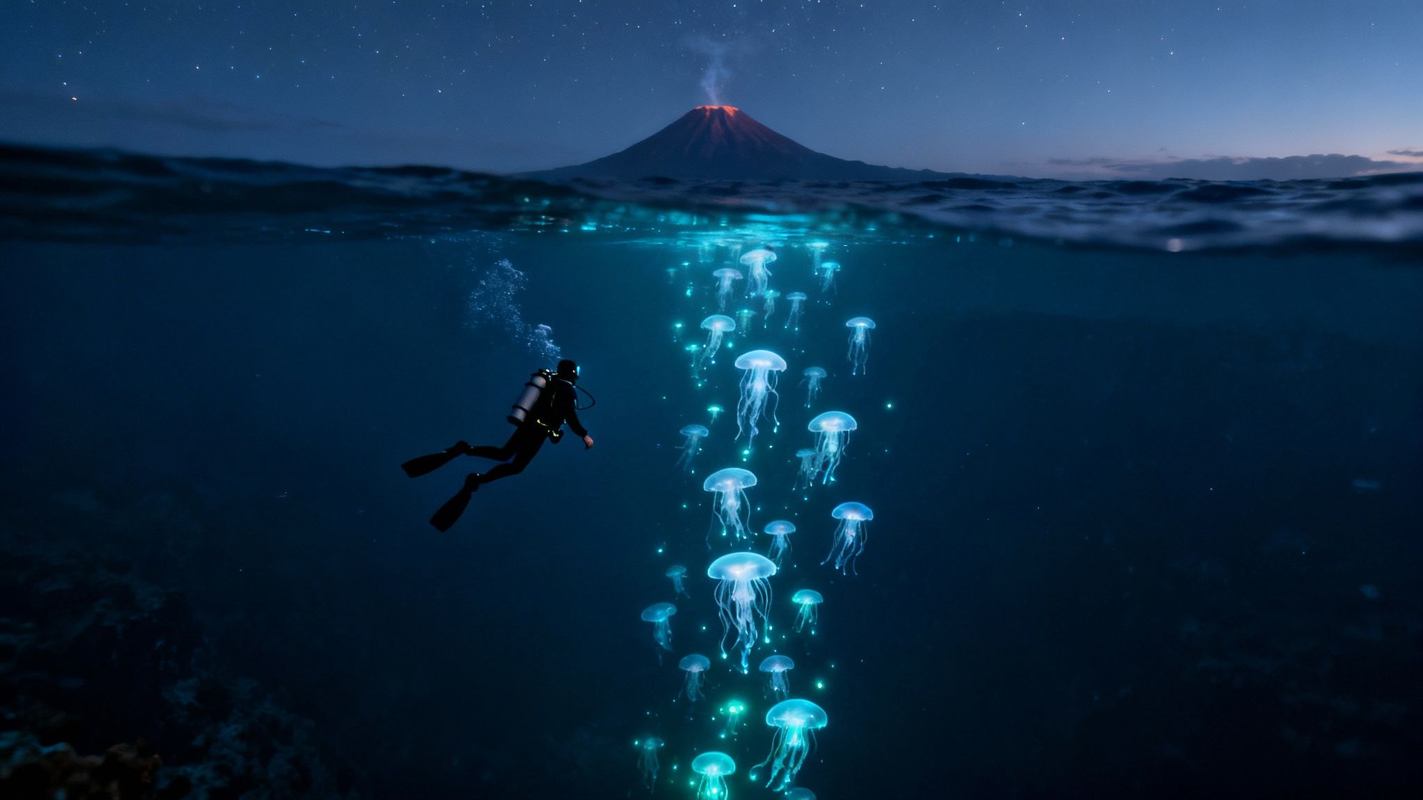 A diver explores underwater with glowing jellyfish near an erupting volcano under a starry night.