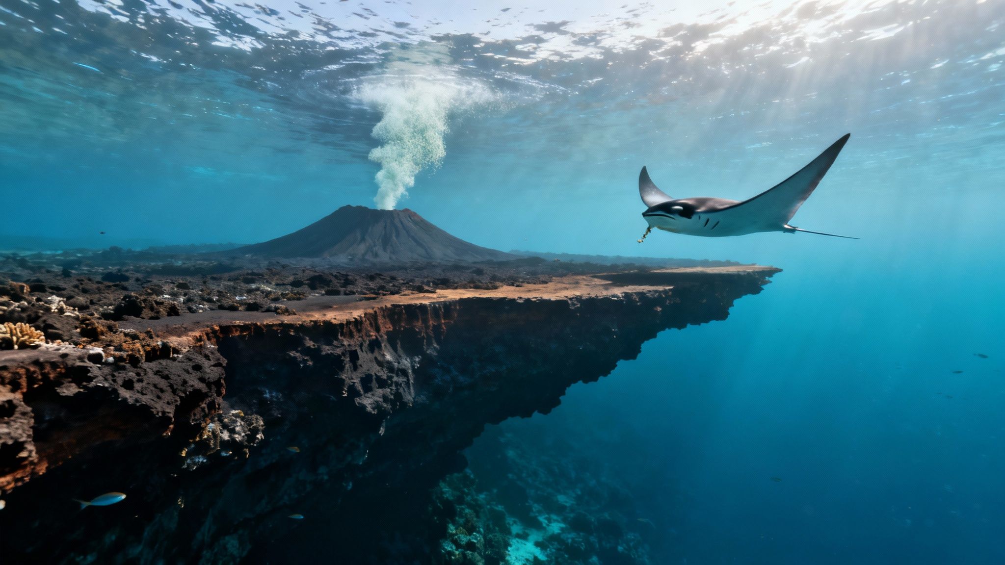 A manta ray gracefully swims past an underwater volcano erupting near a dark cliff.