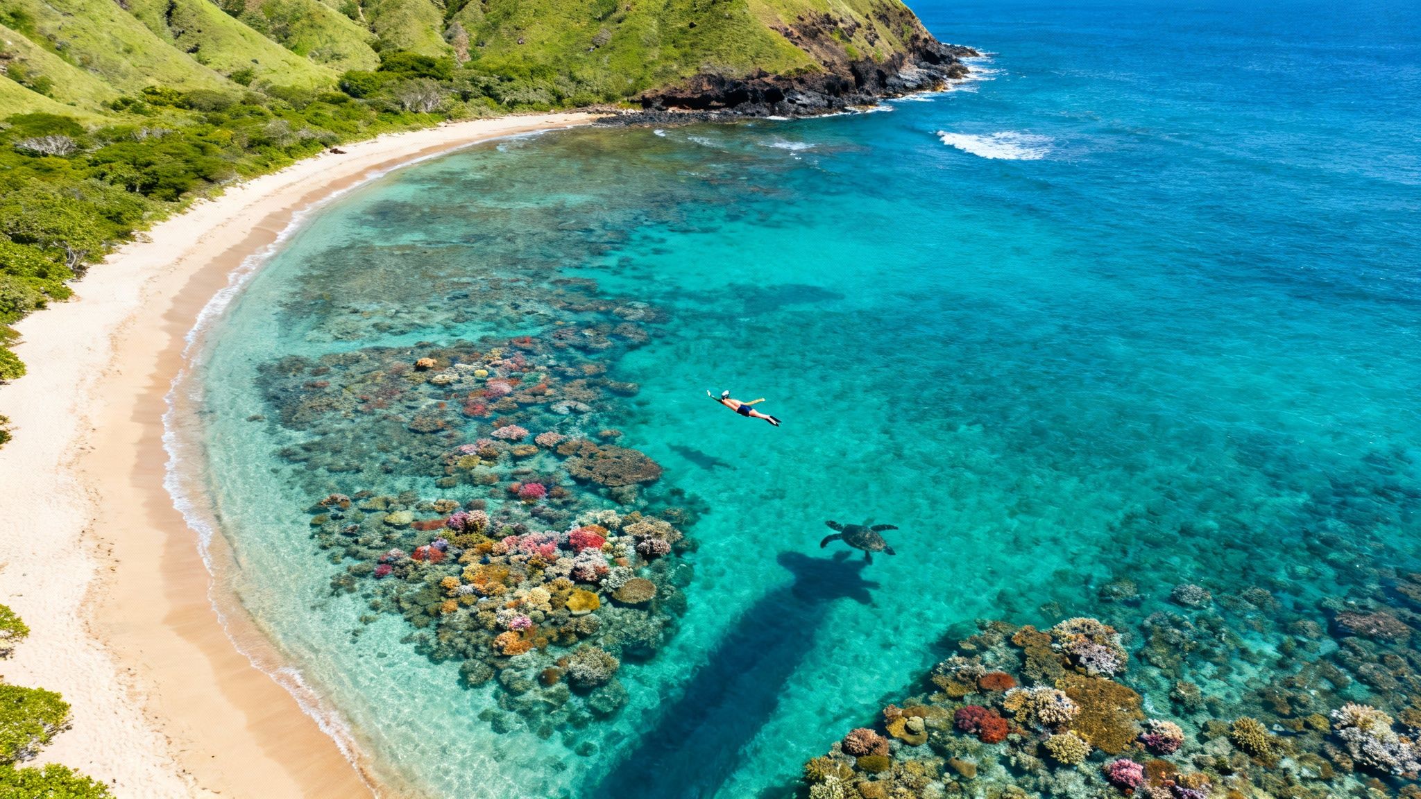 Snorkeler and sea turtle swim over vibrant coral reefs next to a pristine beach.