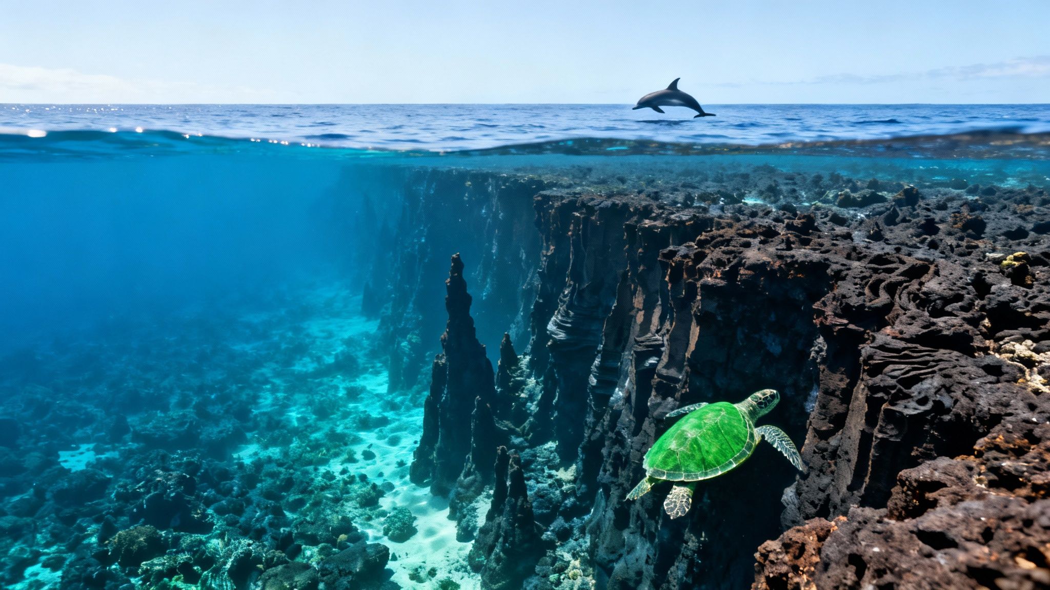 Dolphin jumps above clear ocean, while a green sea turtle swims past dramatic volcanic underwater cliffs.