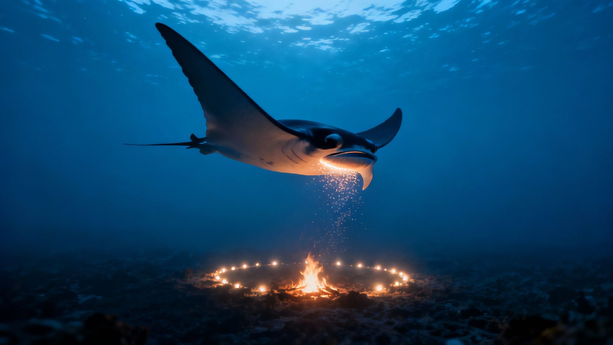 Several giant manta rays swimming at night with their mouths open, illuminated by divers' lights.