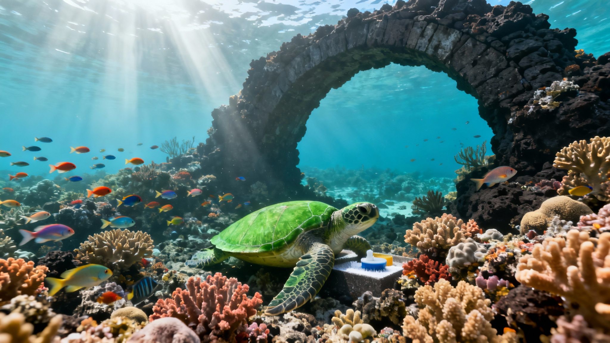 A green sea turtle on a vibrant coral reef with colorful fish, an ancient stone arch, and sun rays.