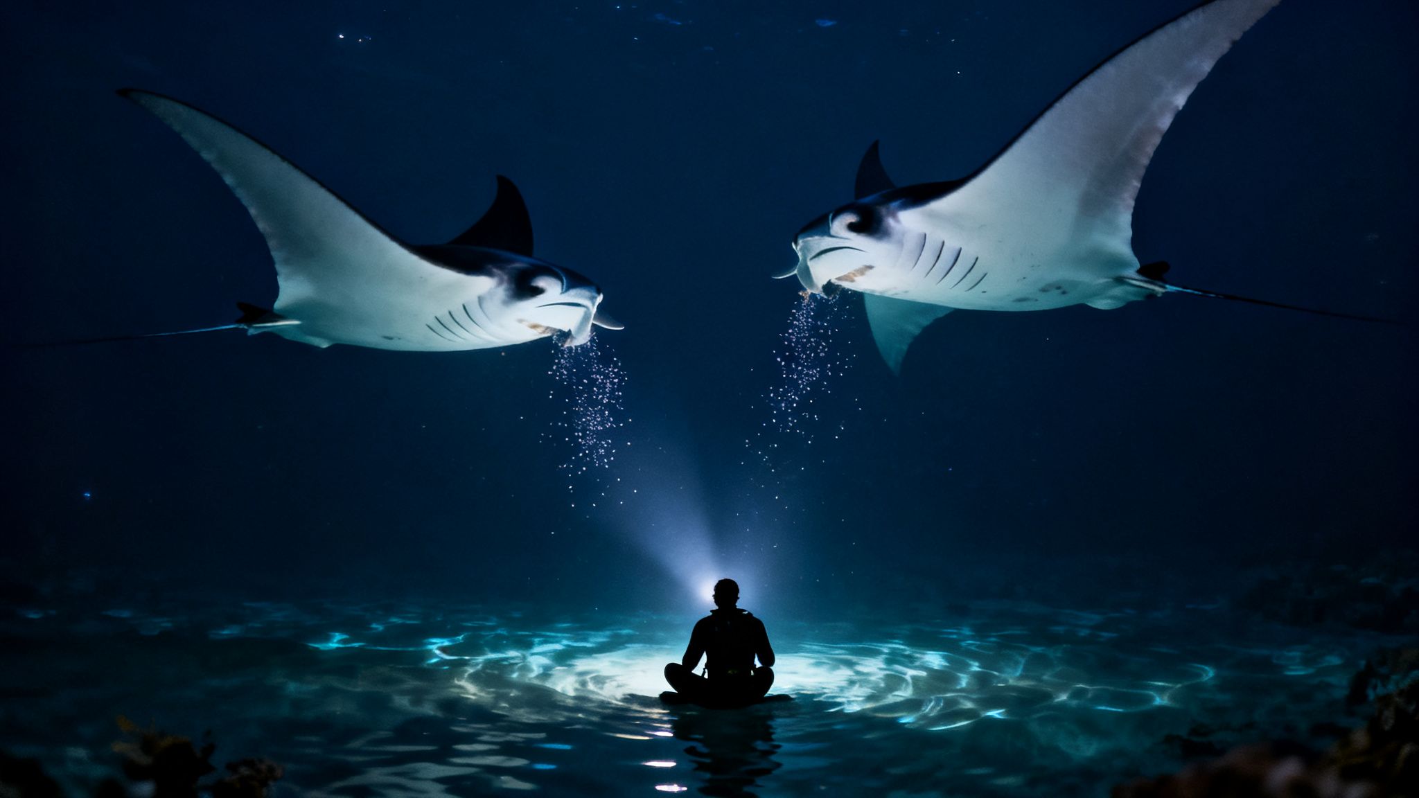 A diver sits on the ocean floor, illuminated, with two majestic manta rays swimming above.