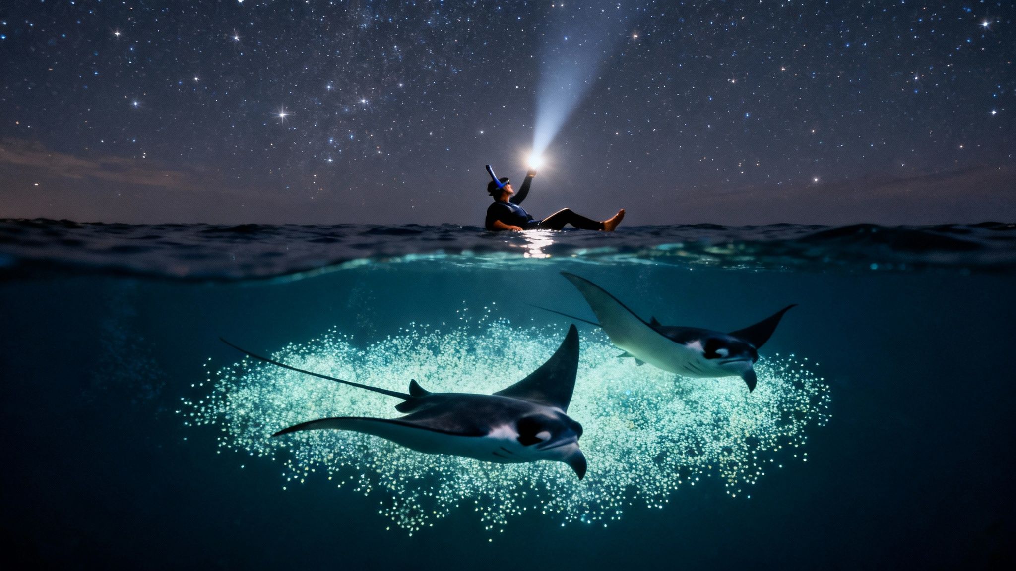 Divers gathered on the ocean floor watching a manta ray swim overhead.