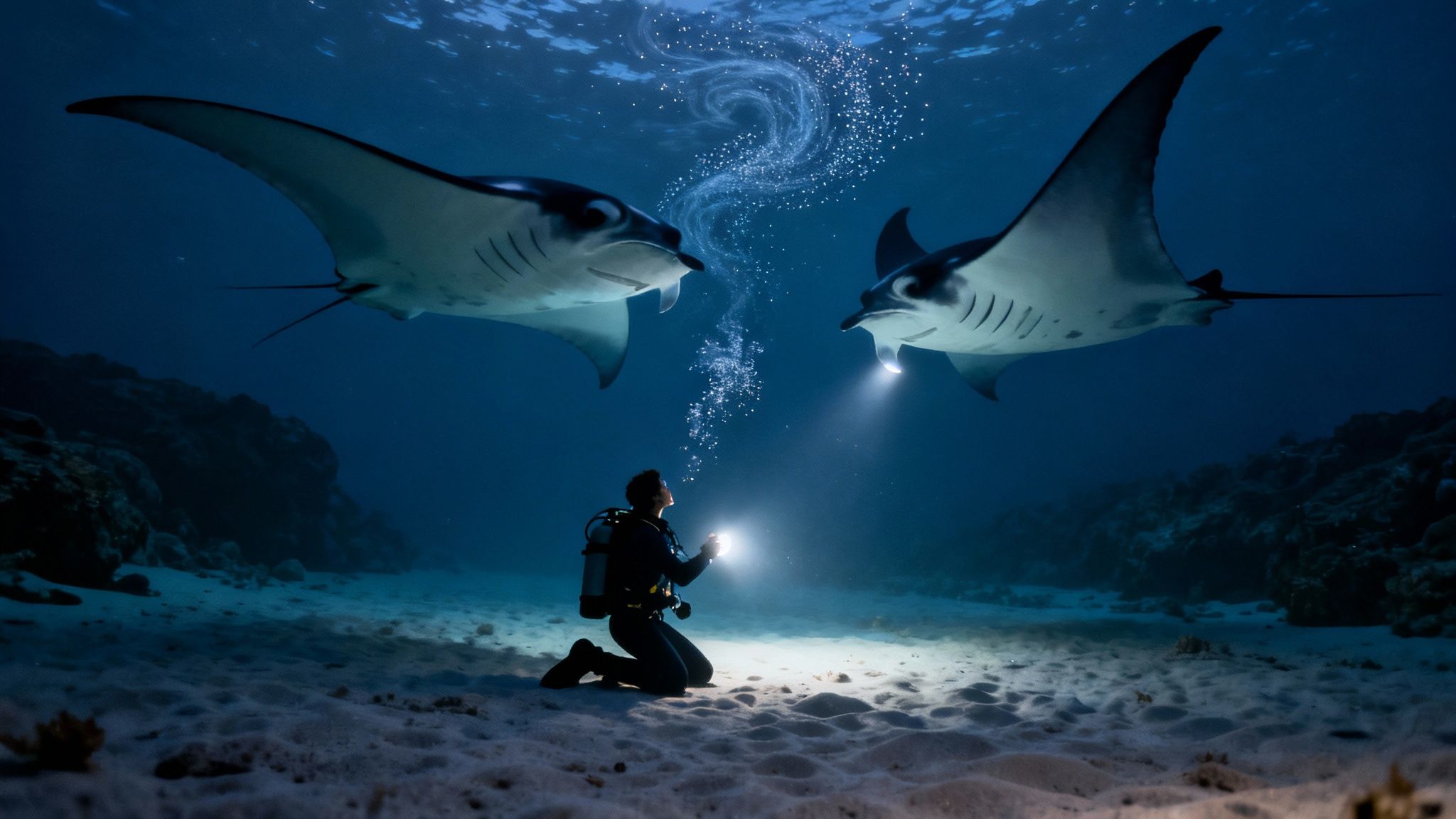 A large manta ray swims gracefully in the dark ocean, illuminated by dive lights.