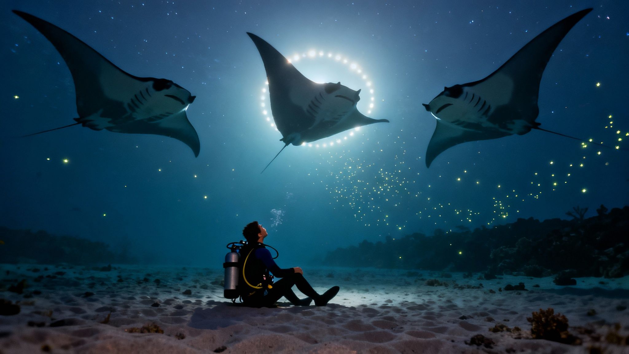 A diver sits on the sandy seabed, gazing up at three majestic manta rays under a starry ocean night.