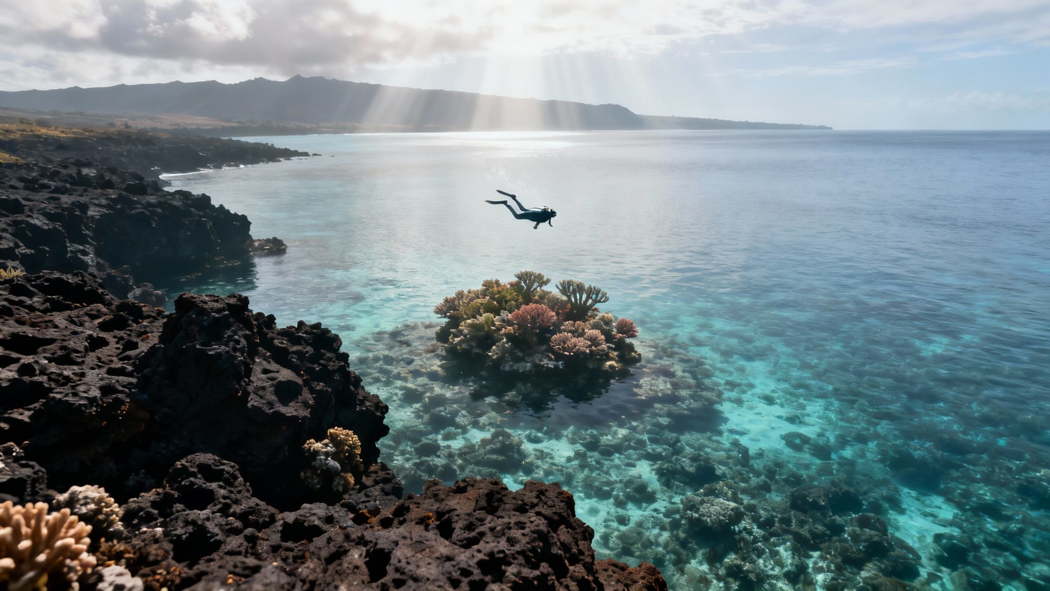 A diver hovers above vibrant coral formations in clear turquoise water off a volcanic coast.