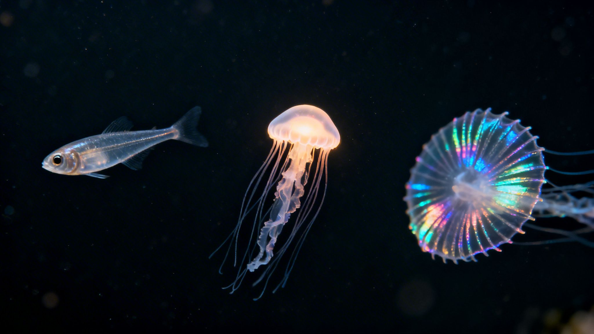 A translucent fish swims alongside a glowing jellyfish and an iridescent jellyfish in dark water.
