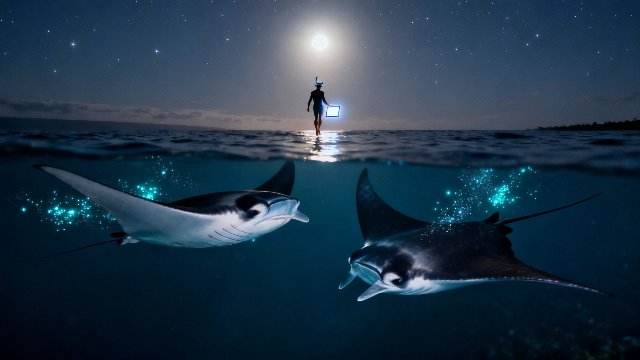 A person with a glowing tablet stands in moonlit ocean while two manta rays swim below with bioluminescence.