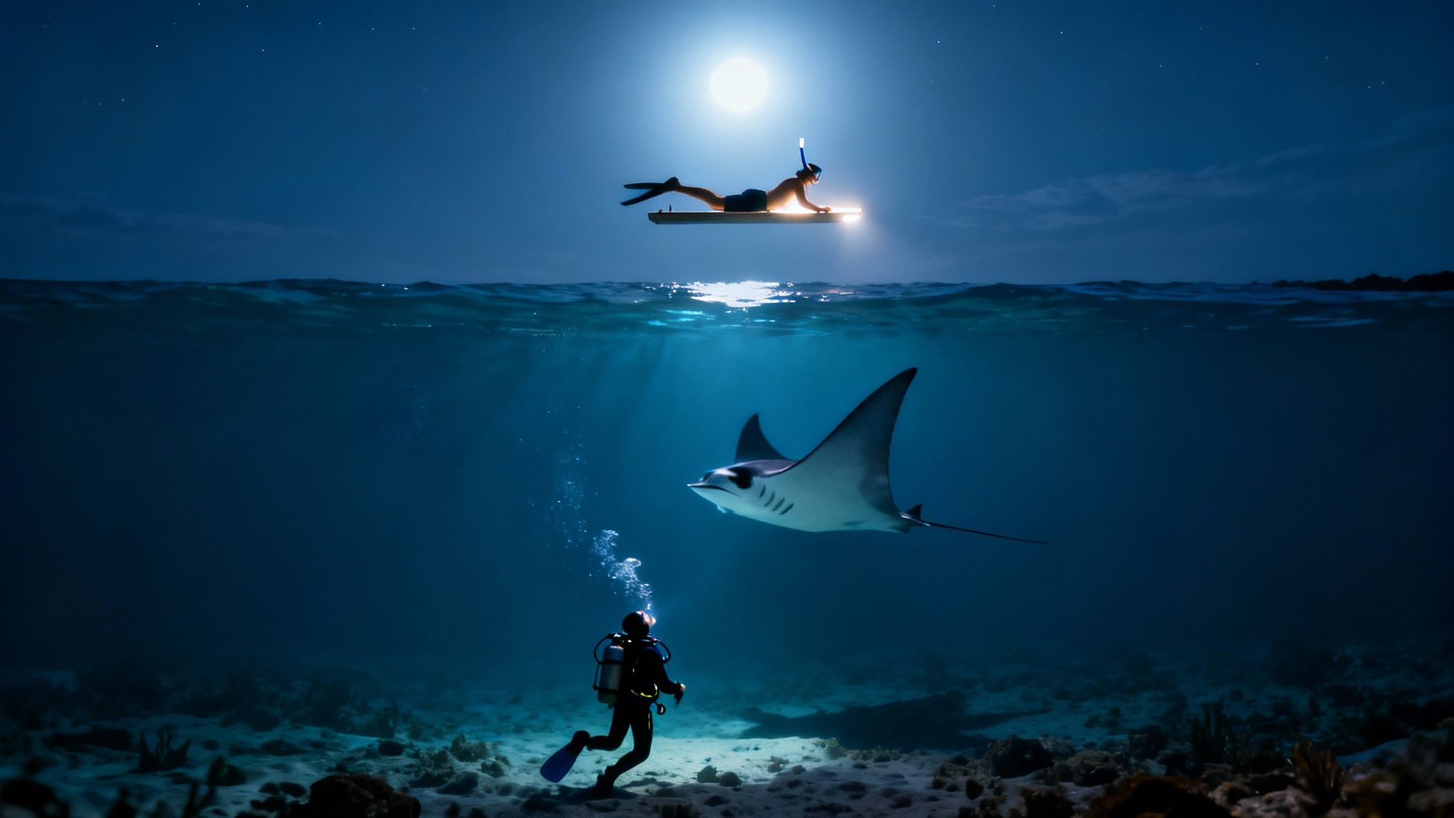 A night ocean scene with a snorkeler and a scuba diver observing a majestic manta ray.