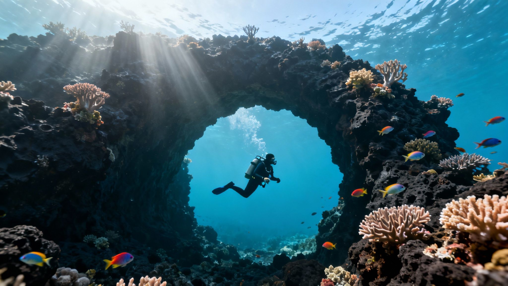 A scuba diver explores a vibrant underwater arch with sun rays, colorful coral, and tropical fish.