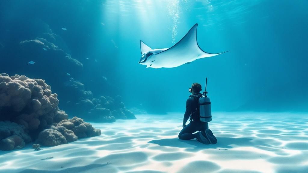 A giant manta ray swims gracefully in the dark ocean, illuminated by the bright lights of divers below.