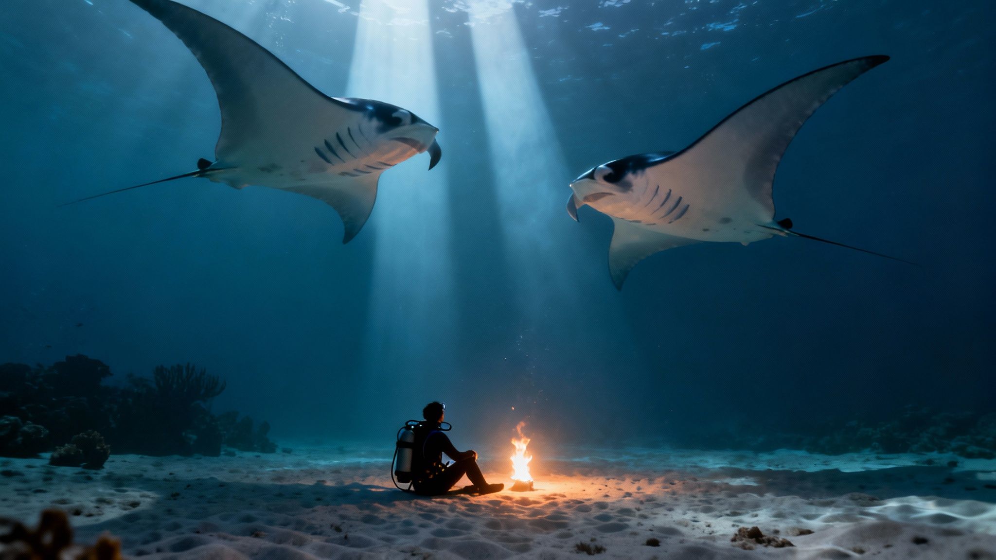 A diver sits on the sandy seabed with a magical fire, watched by two manta rays under light rays.