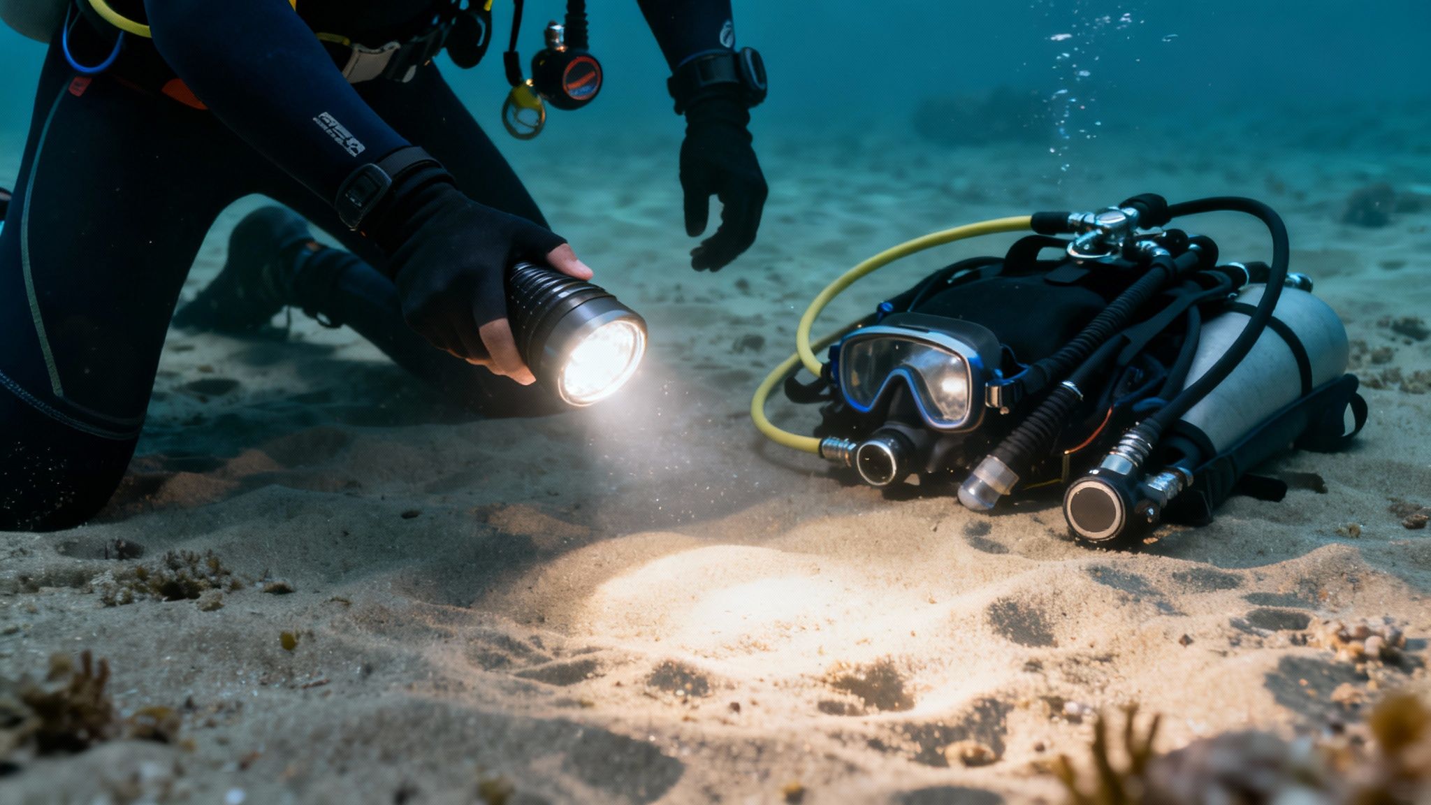 A diver kneels on the sandy ocean floor, looking up as a manta ray glides gracefully overhead.