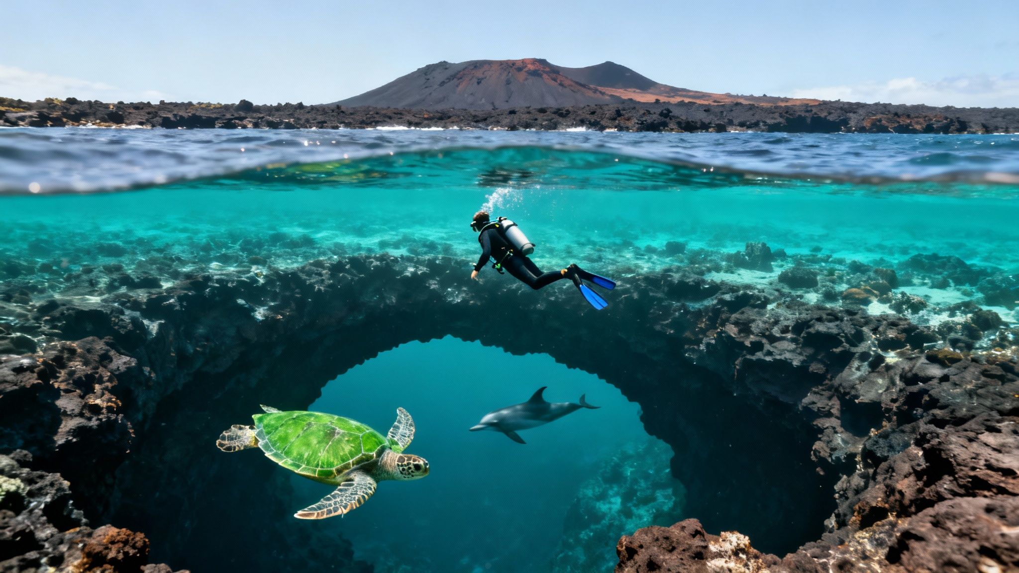 Split view of a diver, turtle, and dolphin in clear ocean water near a volcanic island.