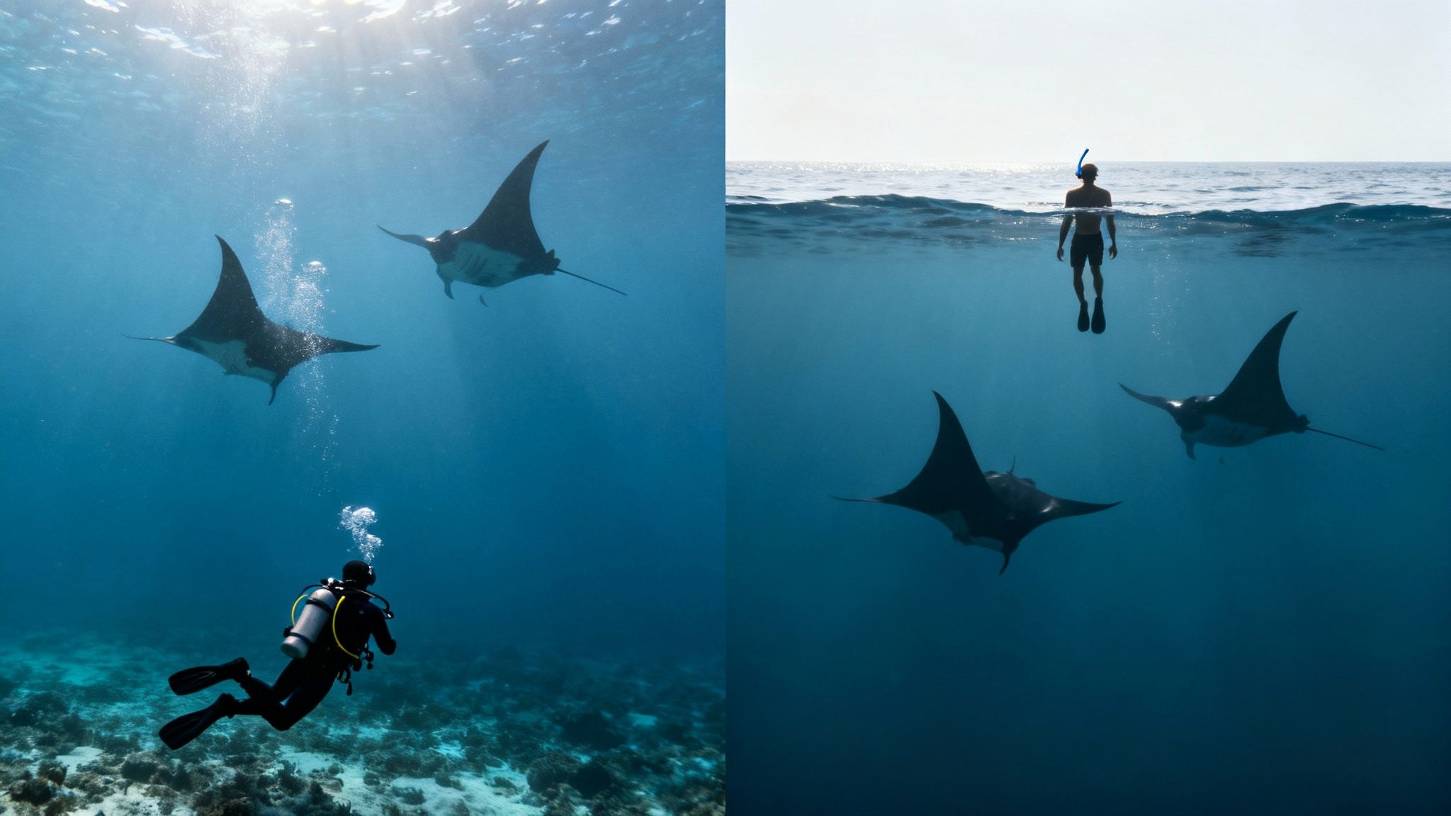 A group of snorkelers holding onto a light board at the surface, watching manta rays below.