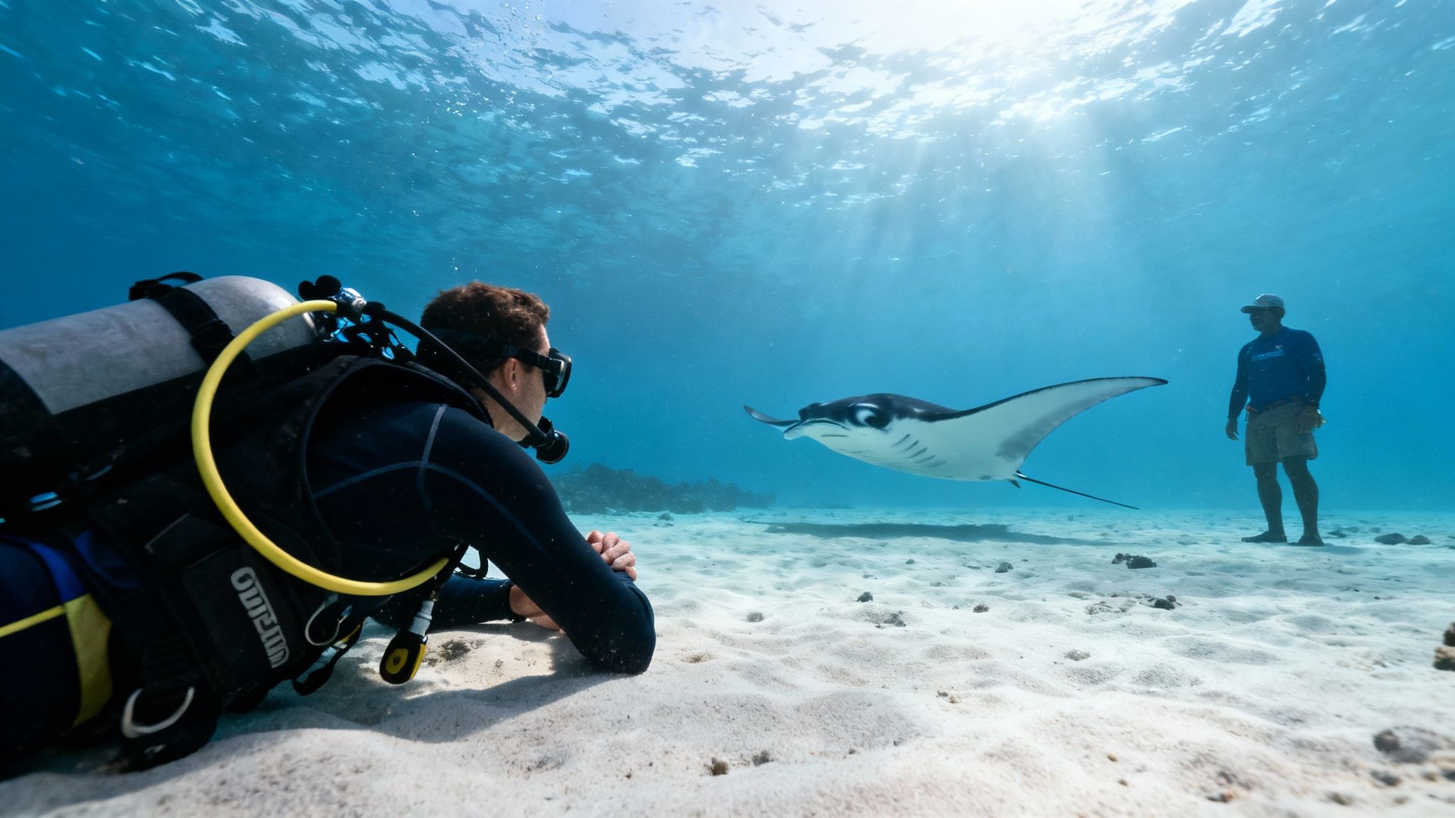 A group of divers observing a manta ray from the sandy bottom in Kona.