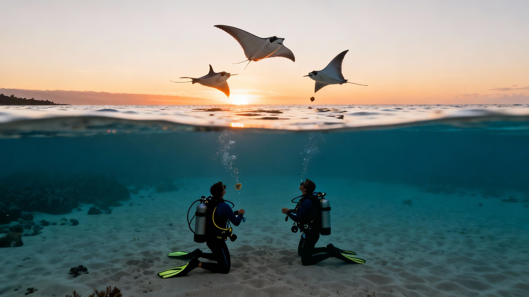 Two divers observe three manta rays leaping out of the water during a beautiful sunset.