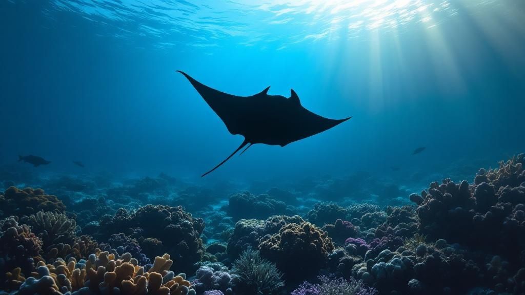 Manta ray gracefully swimming in dark blue water during a Kona night dive.