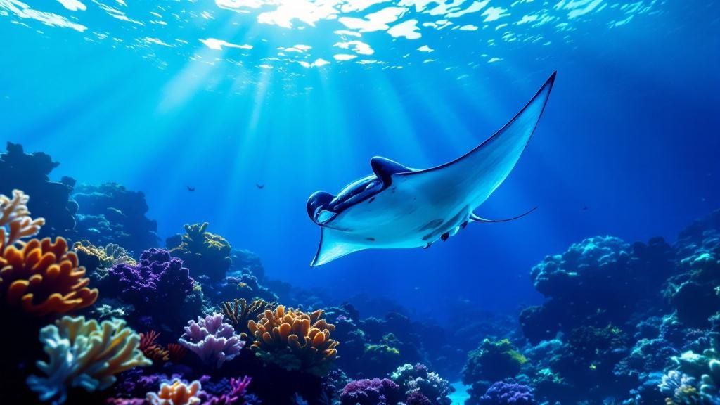 A large manta ray with its mouth open swims gracefully towards the viewer in dark blue water, illuminated by a diver's light.
