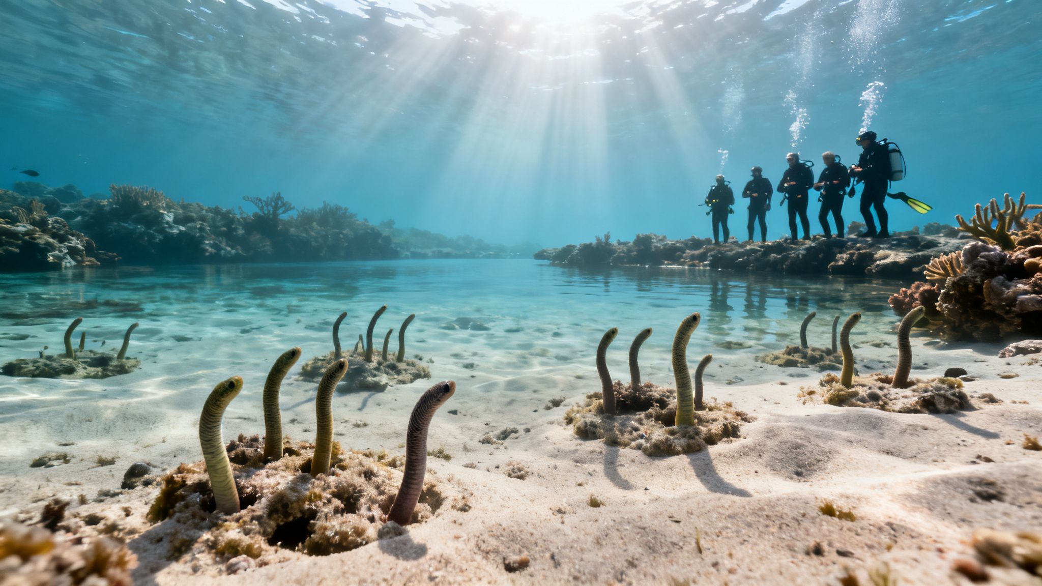 Scuba divers stand on a vibrant coral reef overlooking garden eels on the sandy seabed.