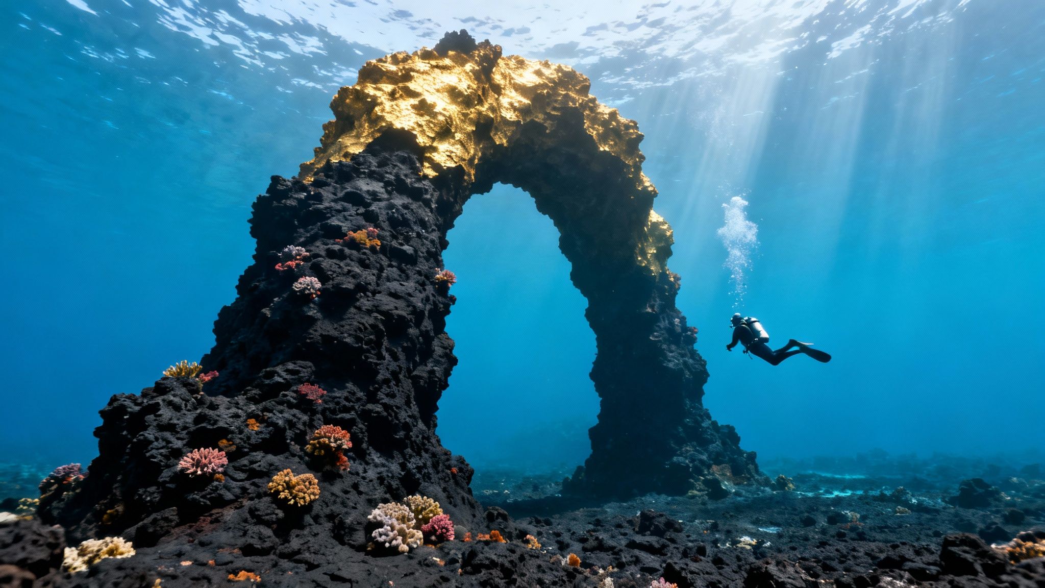 A vibrant coral reef with tropical fish swimming in clear blue water, showcasing a typical Big Island scuba diving site.