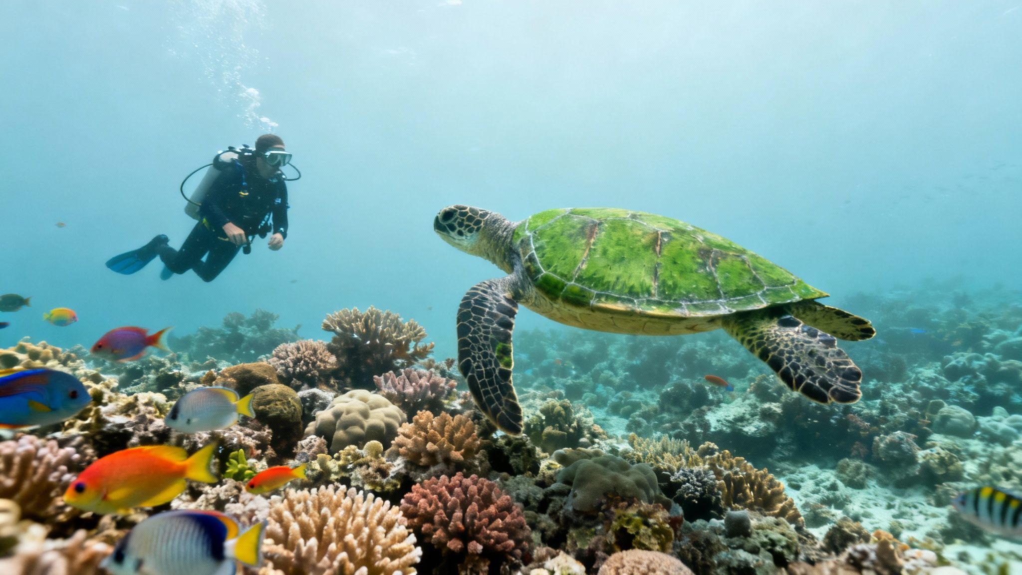 A diver swims near a green sea turtle and colorful fish over a vibrant coral reef.