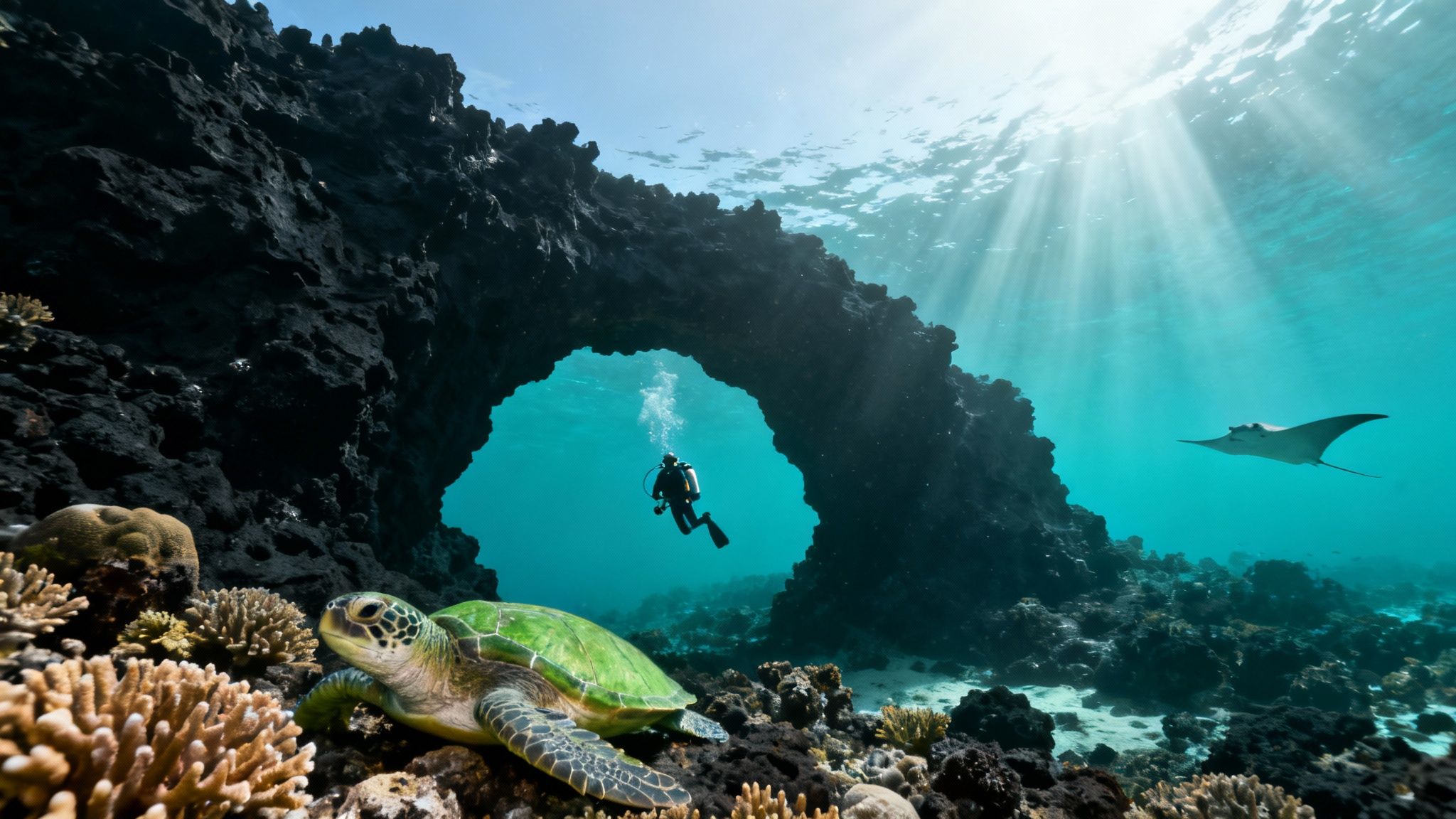 A scuba diver swims near a coral reef with vibrant fish.