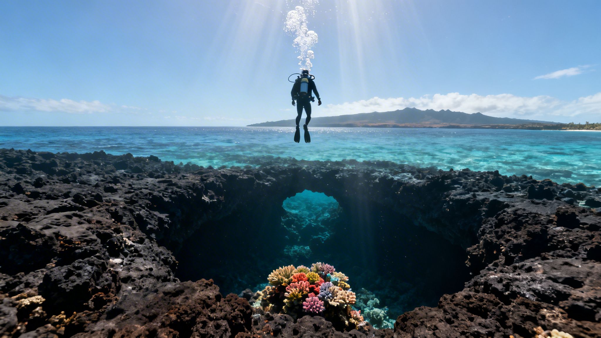 Scuba diver ascending from a vibrant coral-filled volcanic cave in crystal-clear tropical waters.