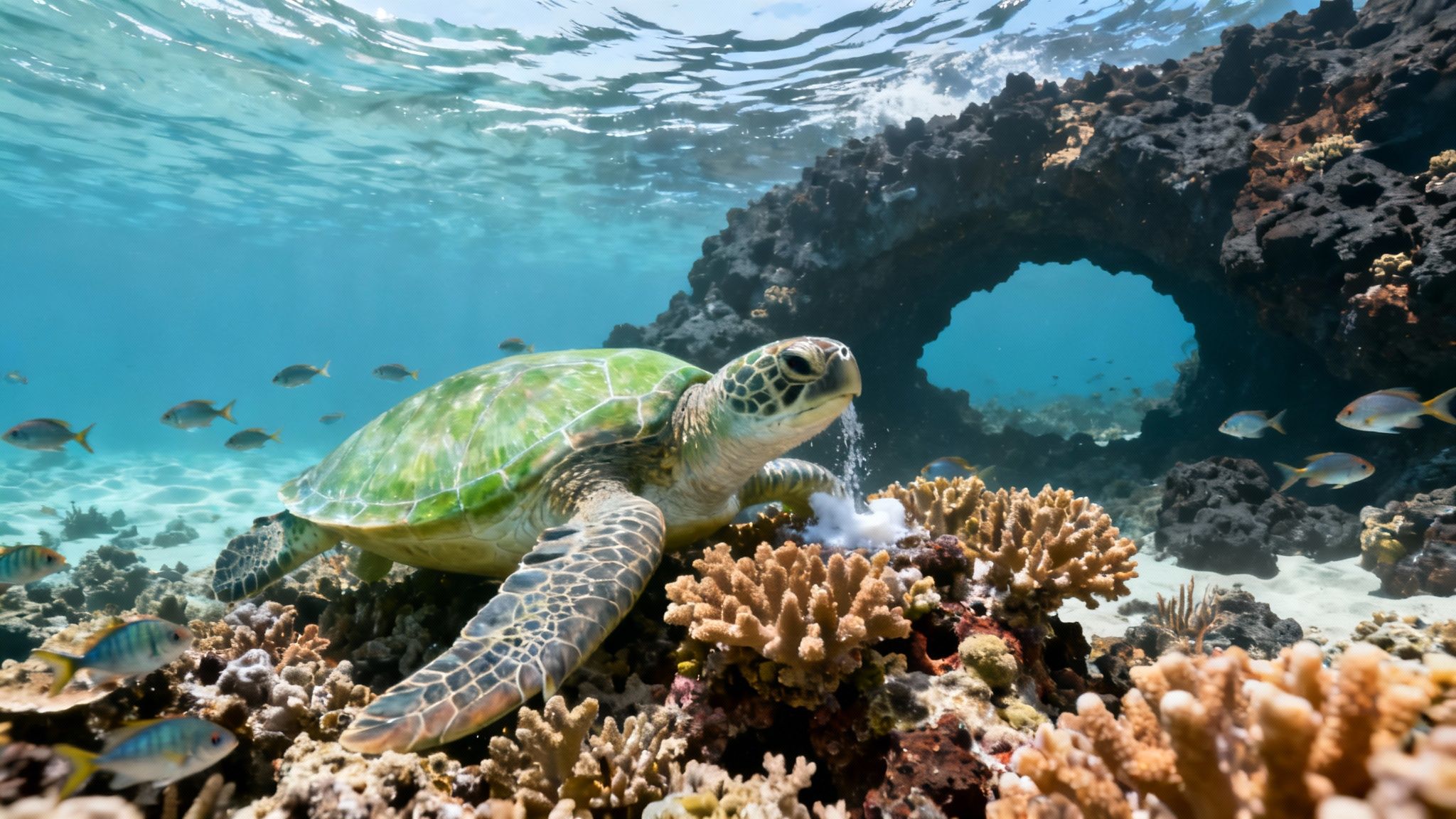 A scuba diver swims next to a large Hawaiian green sea turtle (honu) over a coral reef in Kona, Hawaii.