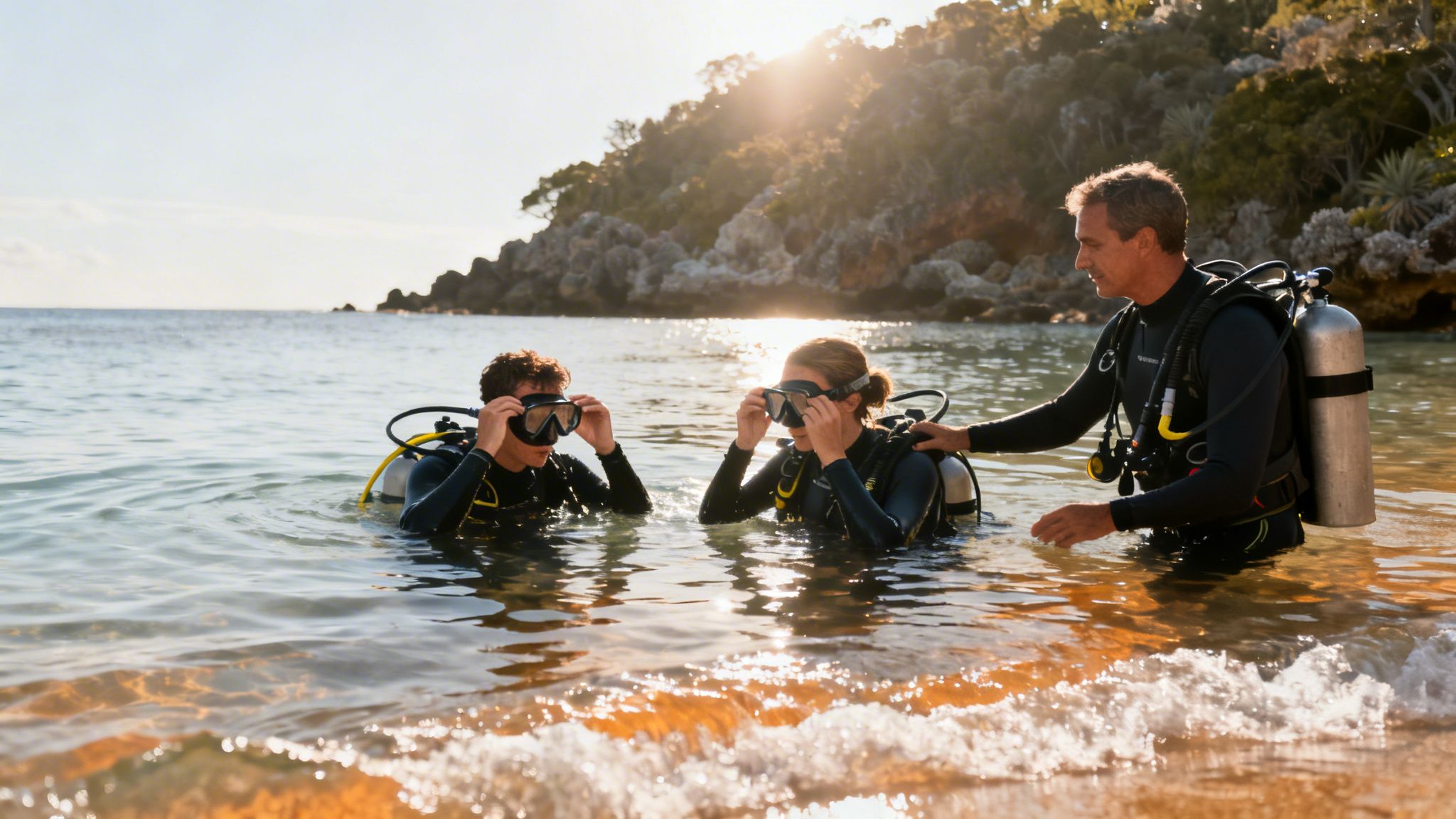 Three divers in black wetsuits preparing for a dive in shallow ocean water at sunset.