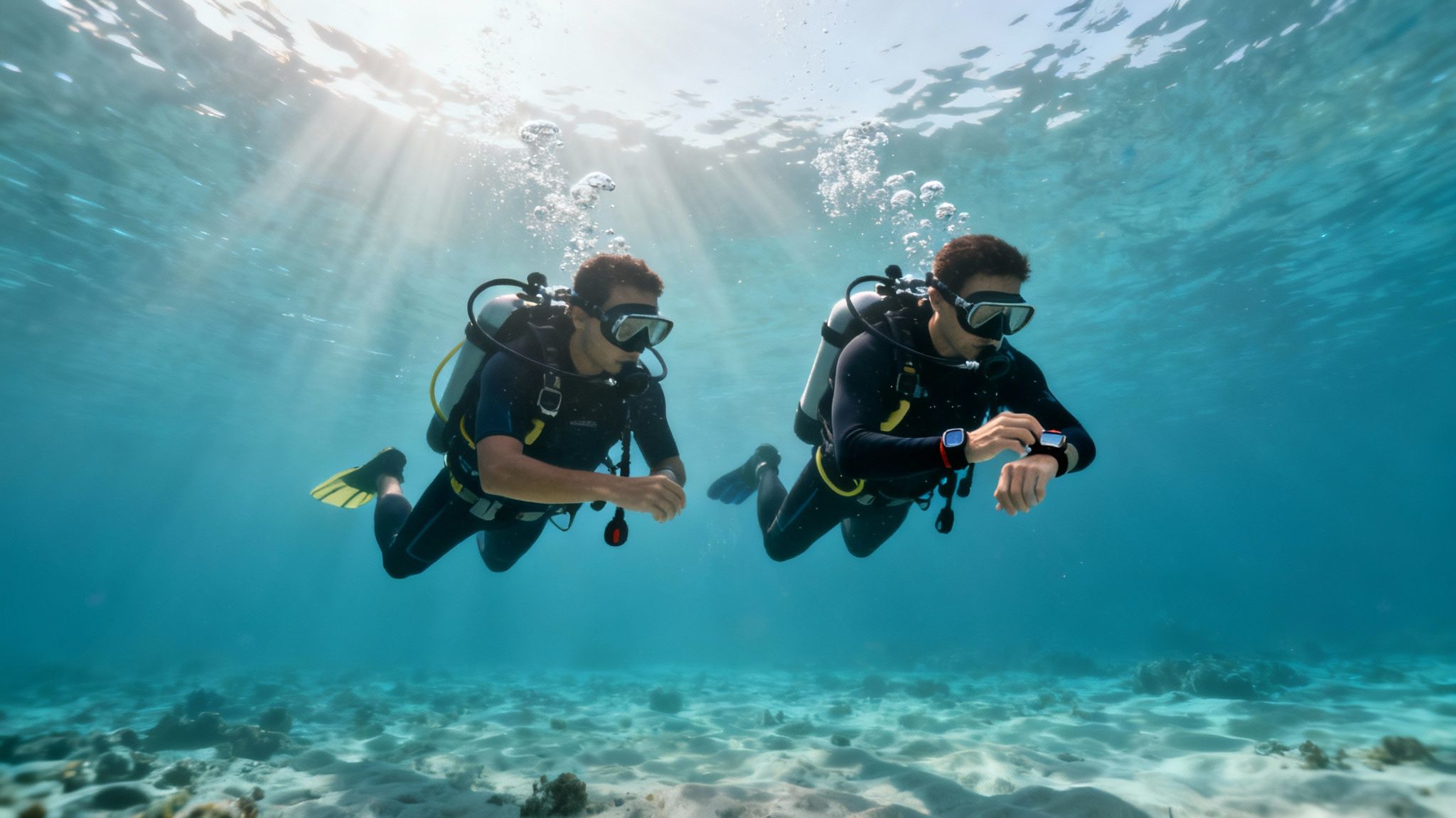 Two male divers in wetsuits check their dive computers underwater, with sun rays from above.