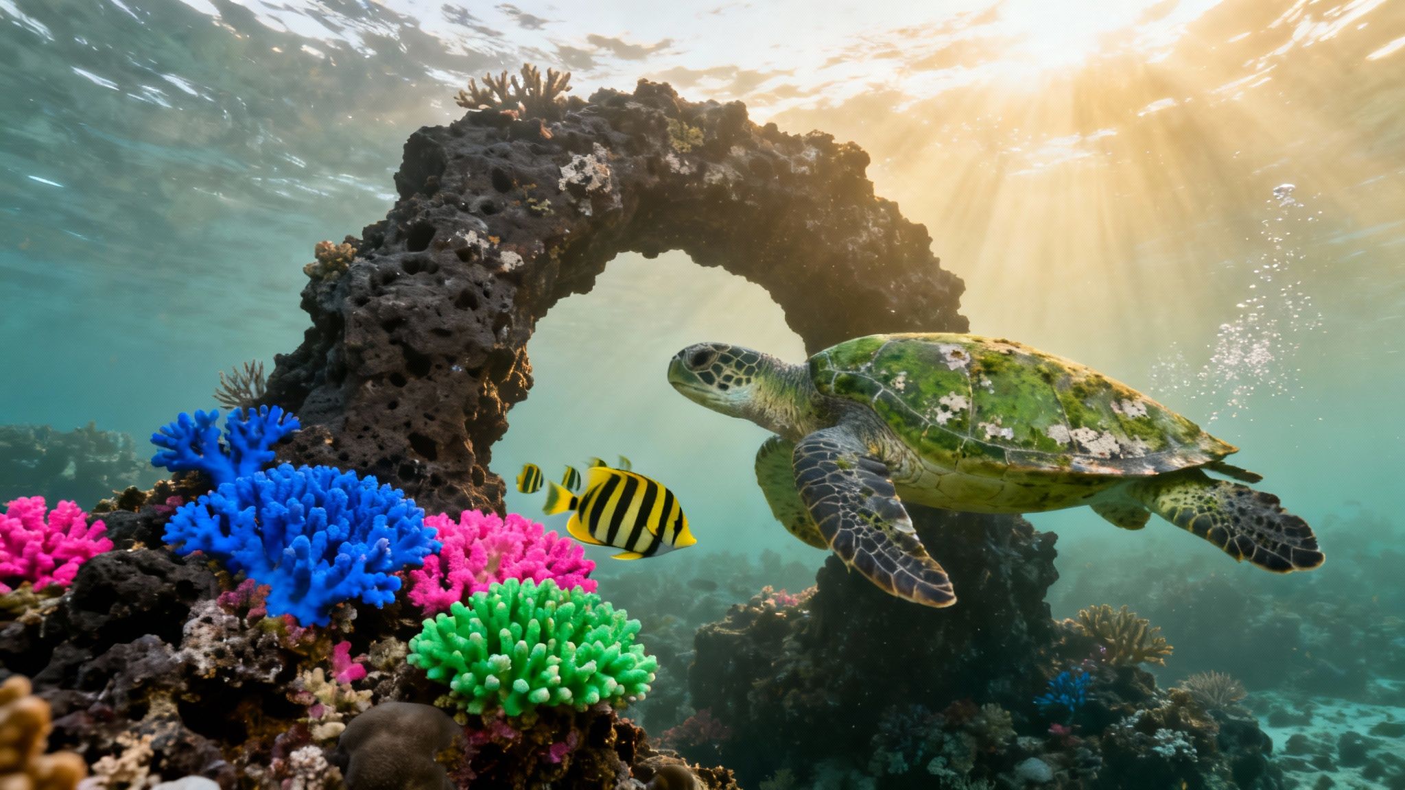 A sea turtle swims past vibrant corals and fish under a rocky arch with sun rays underwater.