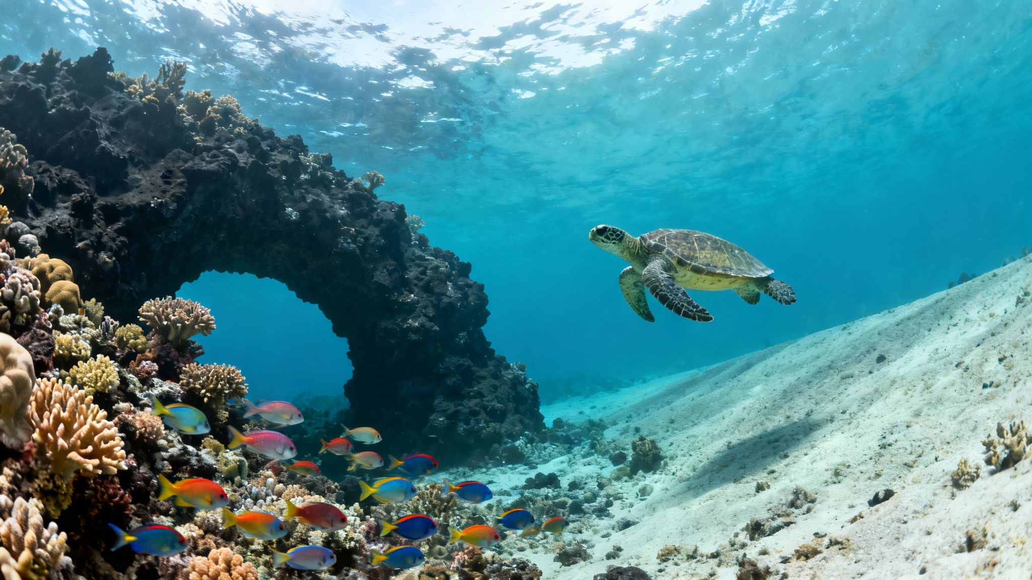 A majestic green sea turtle swims gracefully over a sandy seabed, near a vibrant coral reef arch with colorful fish.