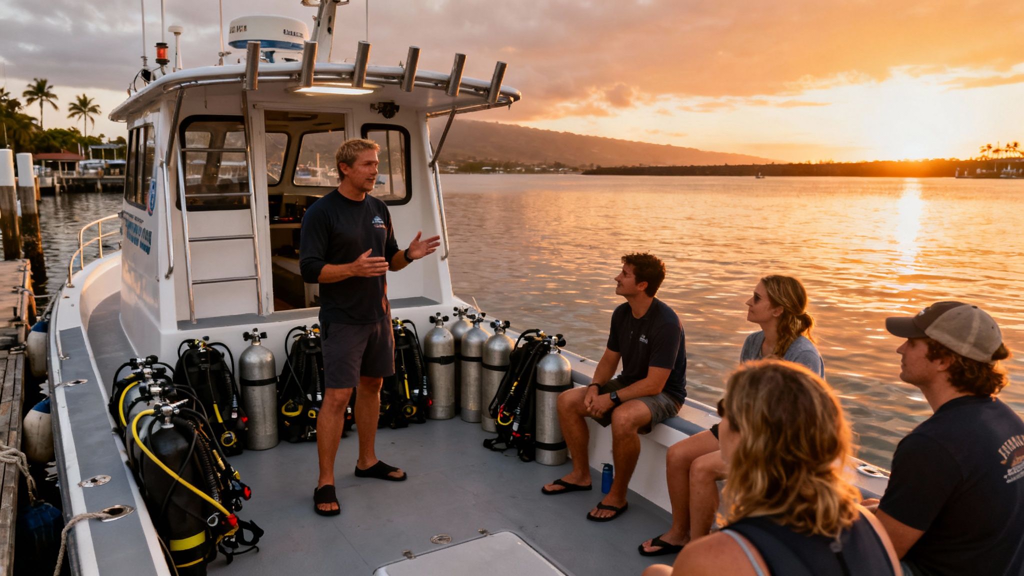 A dive instructor briefs a group of divers on a boat at sunset with scuba tanks visible.