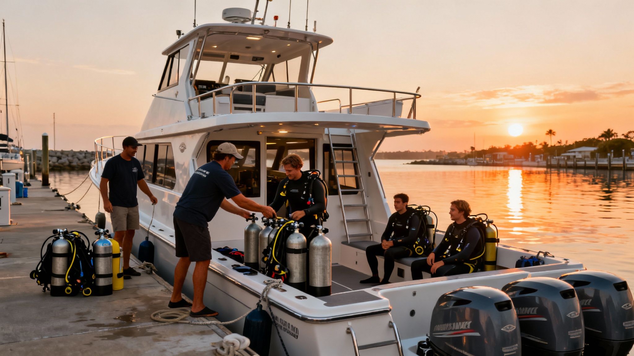 Divers and crew preparing scuba tanks on a boat at a marina during sunset.