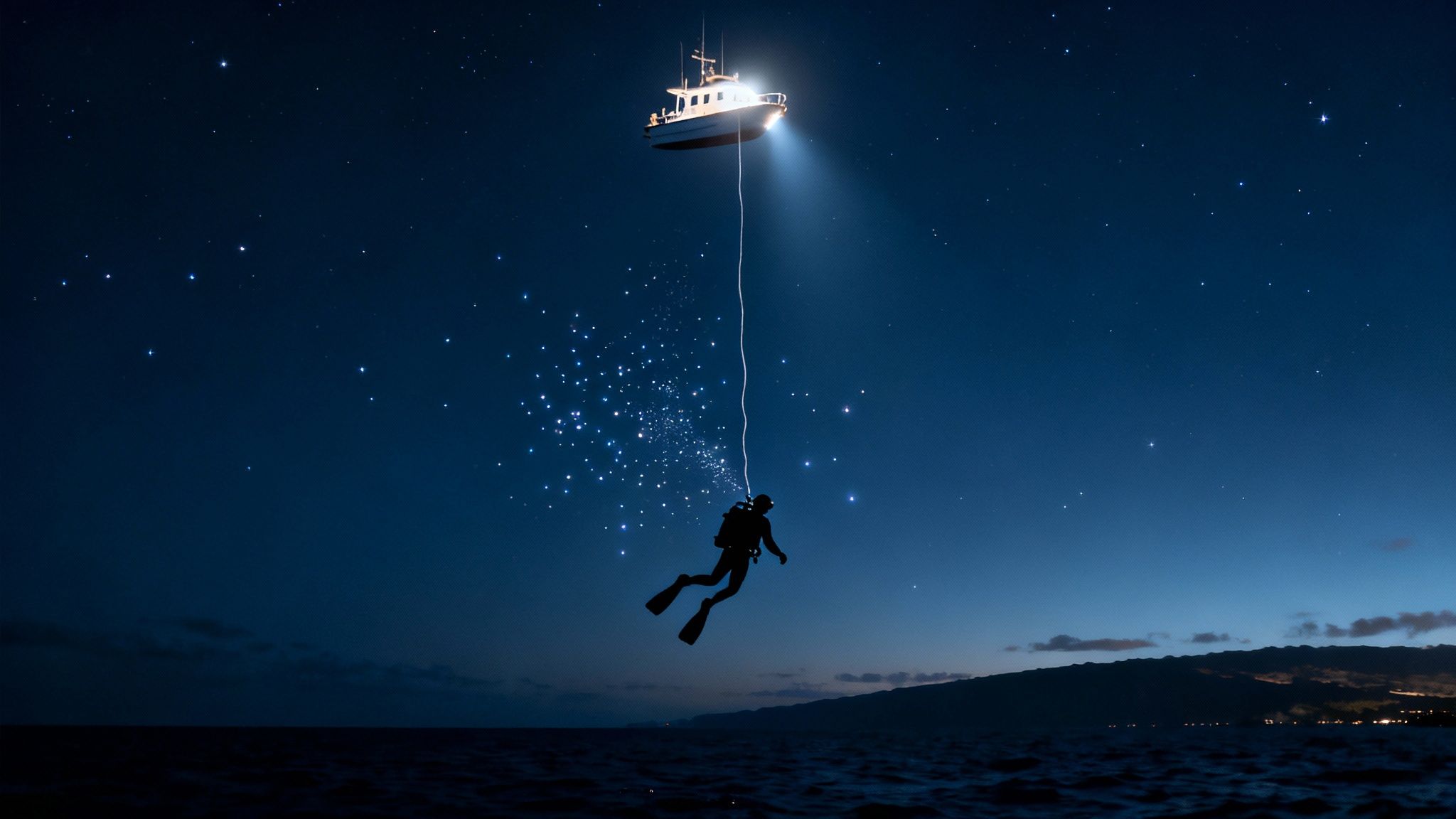 Silhouette of a diver suspended by a rope from a glowing boat in a star-filled night ocean.