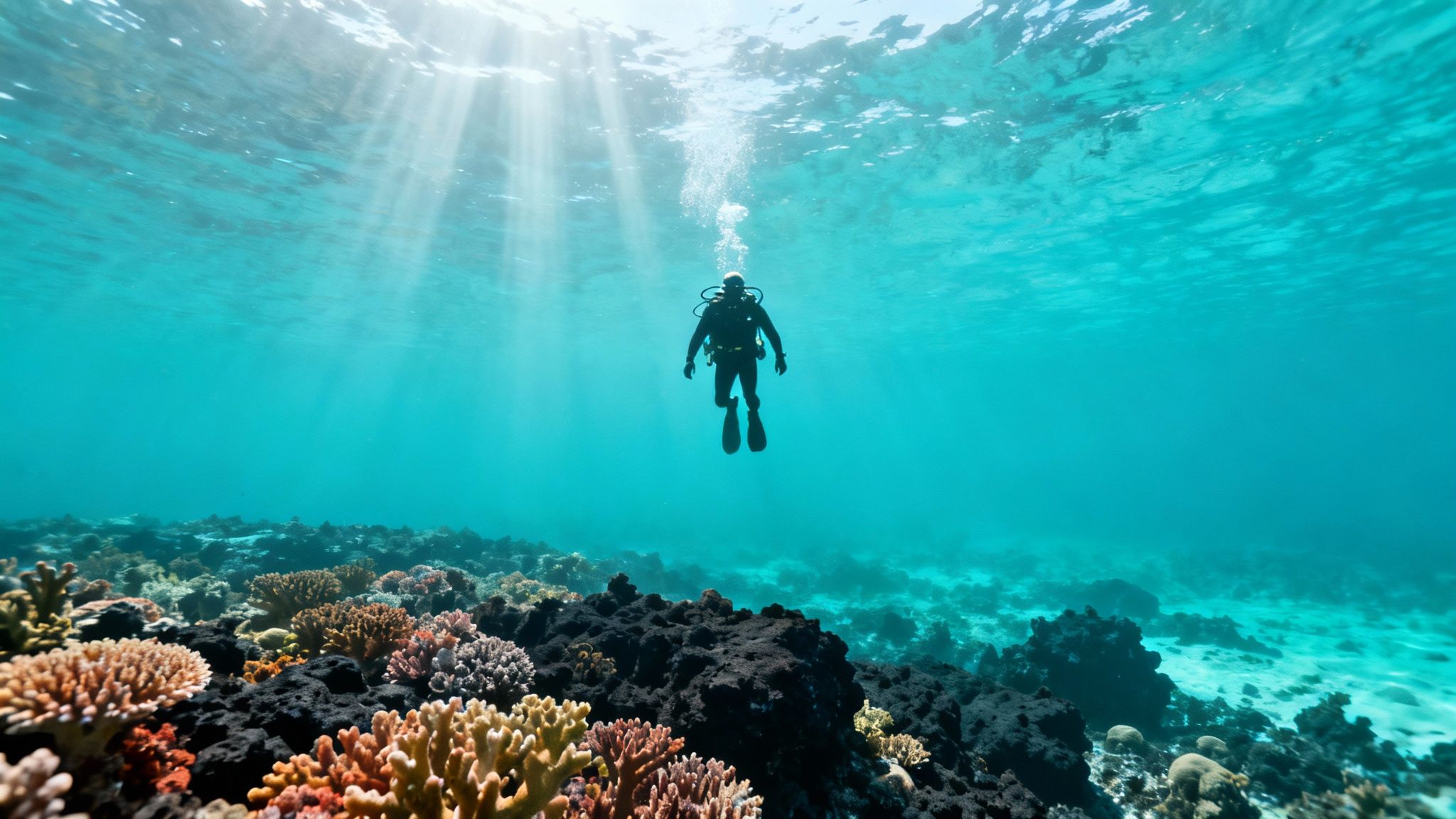 A scuba diver explores a vibrant coral reef with clear blue water on the Big Island.