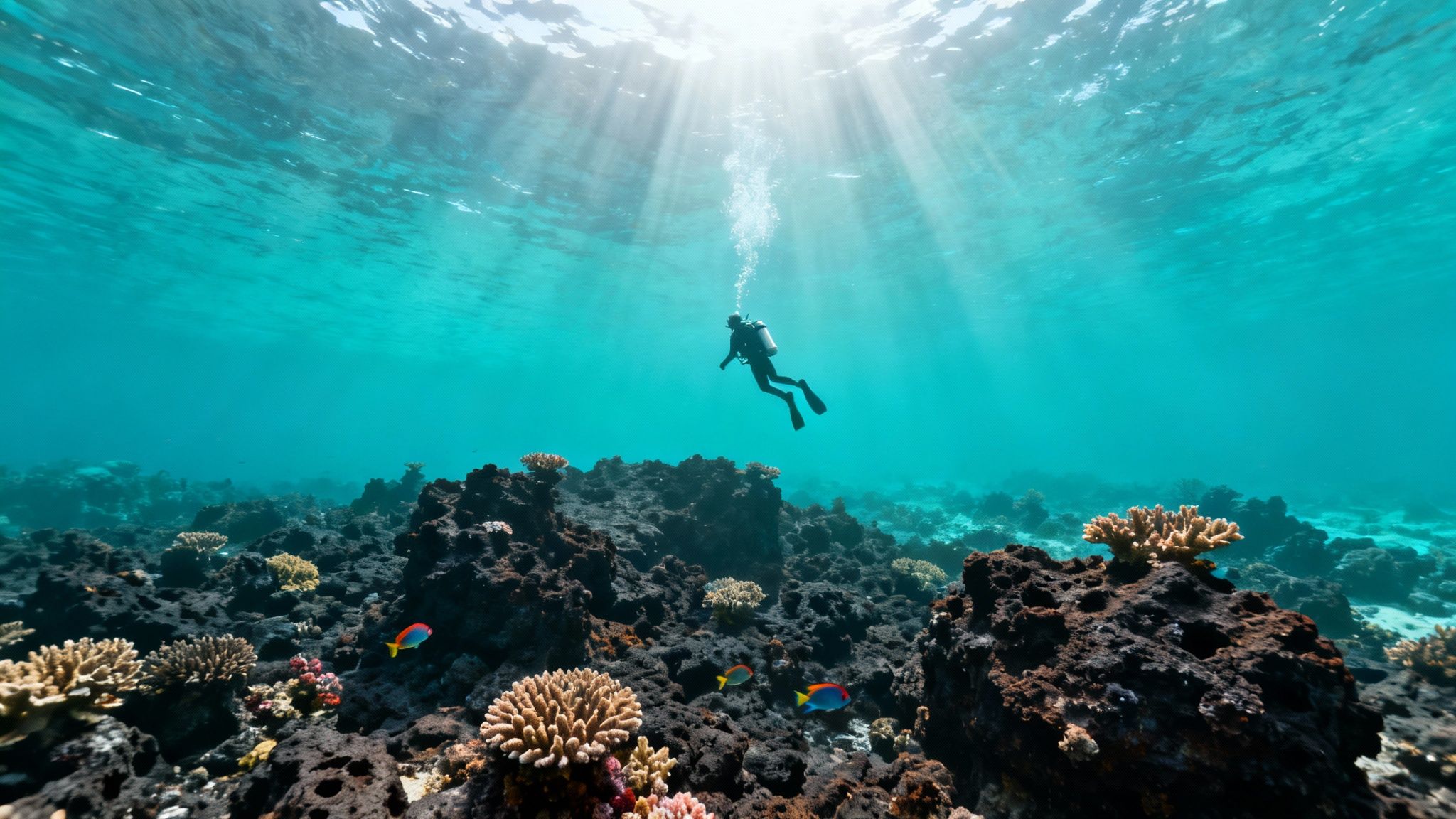 A scuba diver explores a vibrant coral reef in clear turquoise ocean water with sun rays.