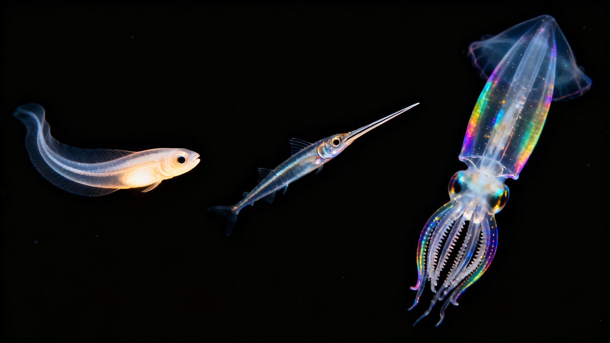 Translucent deep-sea creatures: a glowing fish, a needlefish, and a vibrant rainbow squid.