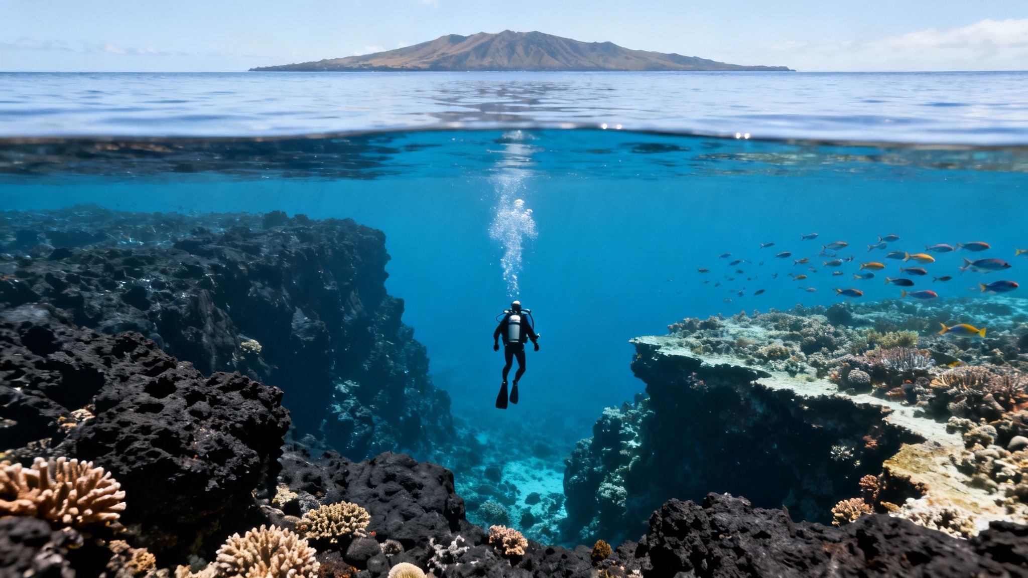 A split-level view of a scuba diver exploring vibrant coral reefs and volcanic rock underwater, with an island visible above.