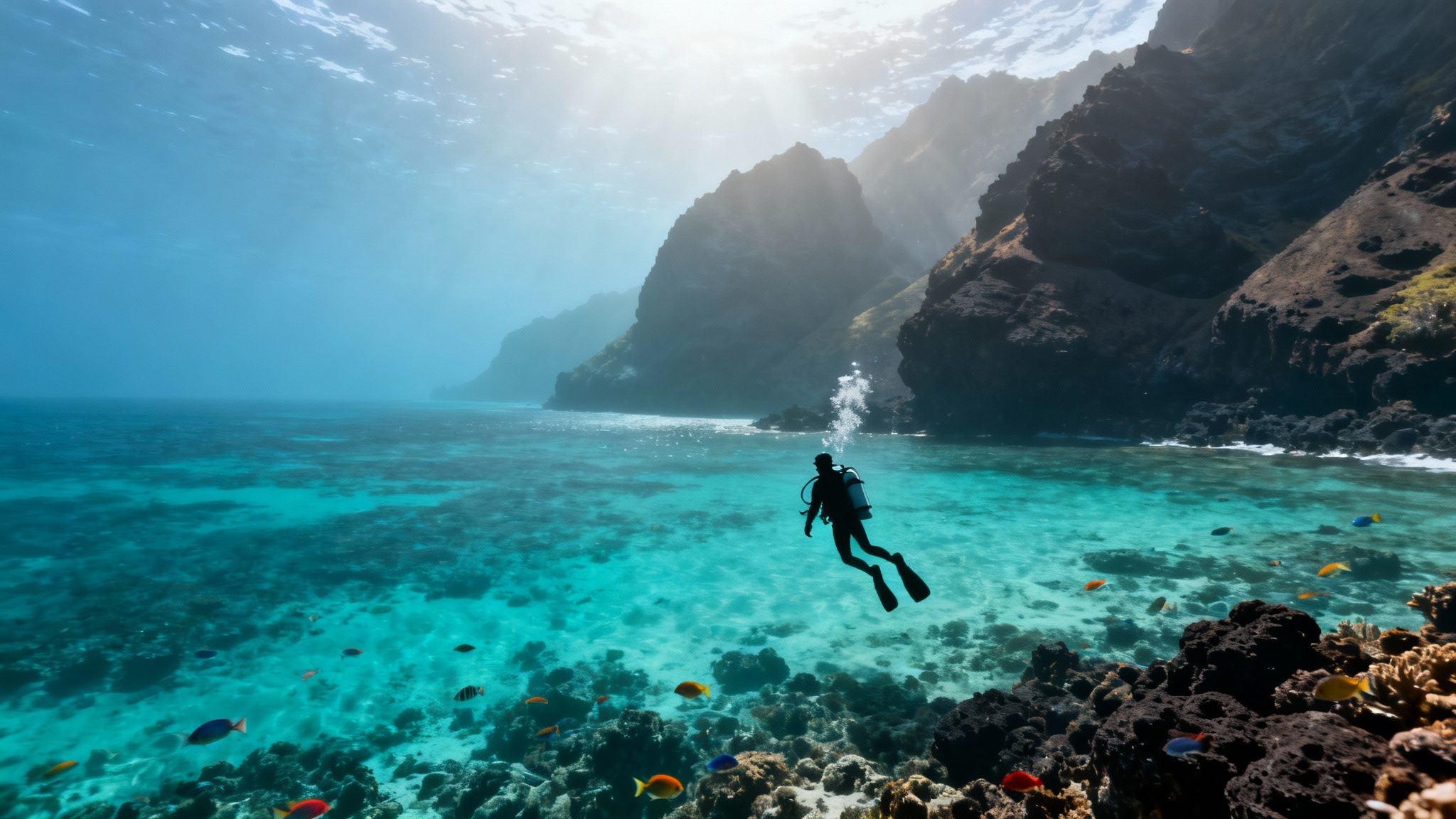 A group of scuba divers exploring a vibrant coral reef in Hawaii with a sea turtle swimming by.