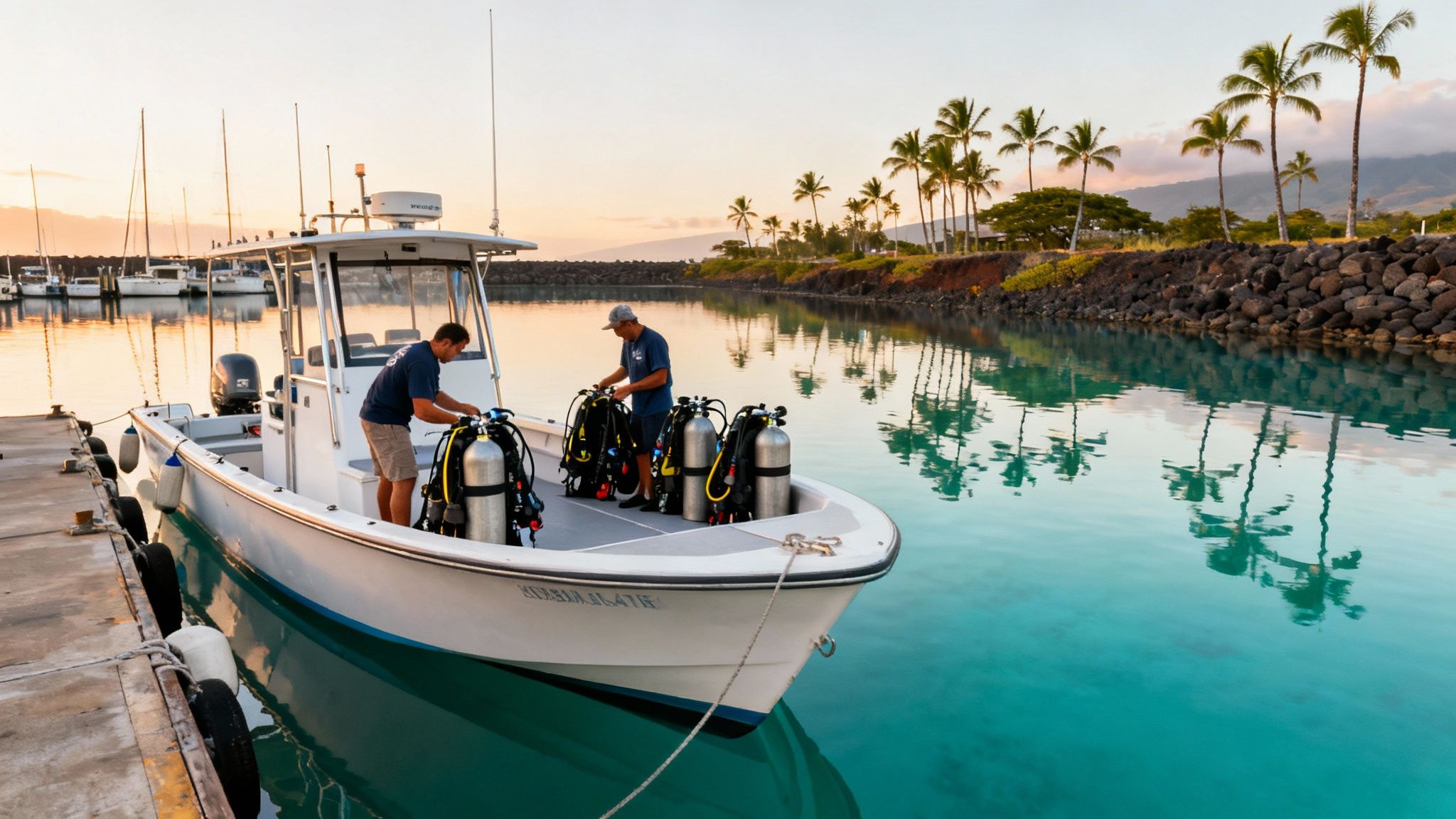 Men readying scuba diving equipment on a boat docked in a scenic Hawaiian marina.