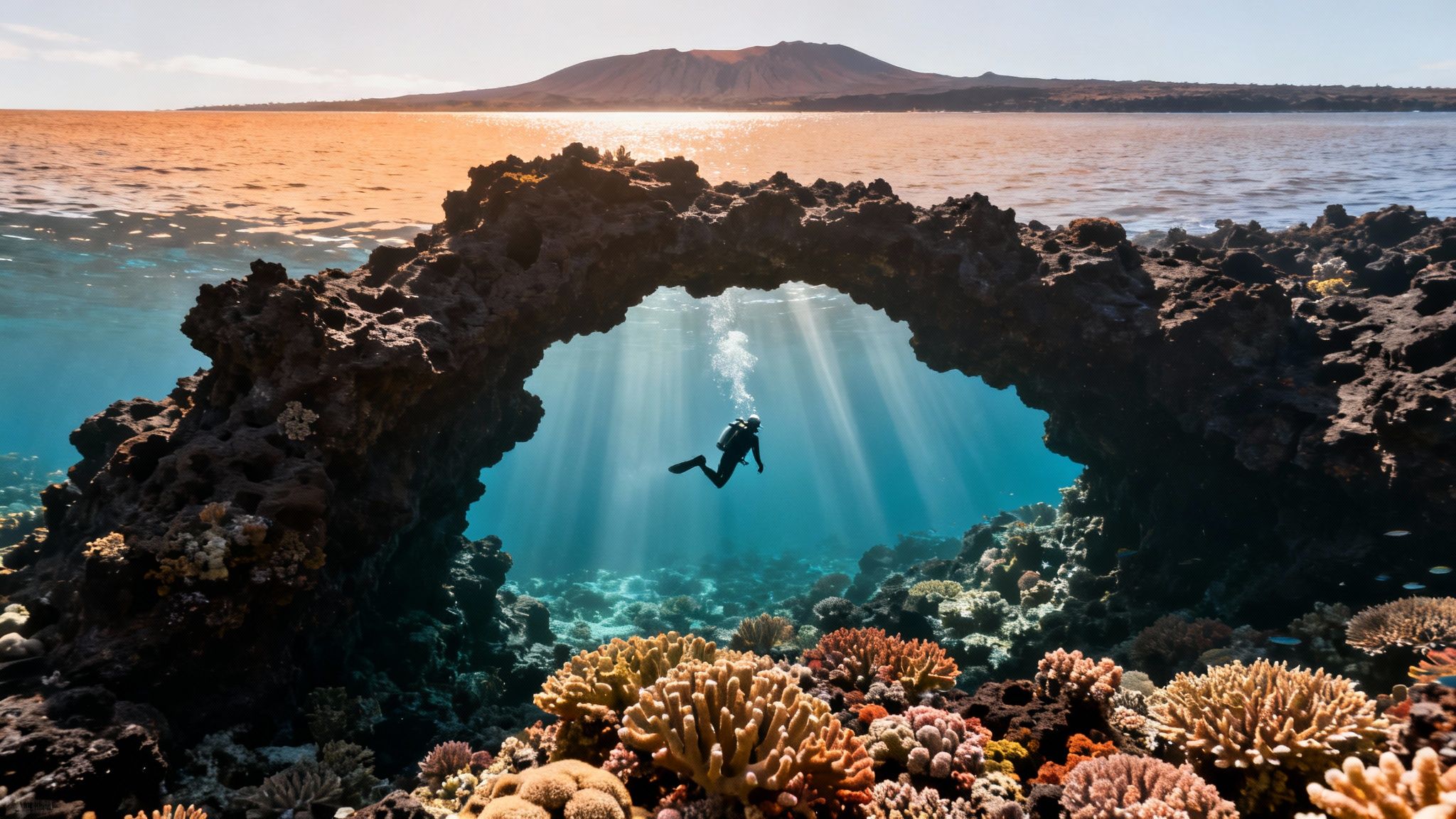 Scuba diver explores vibrant coral reef archway with sunbeams and island in background.