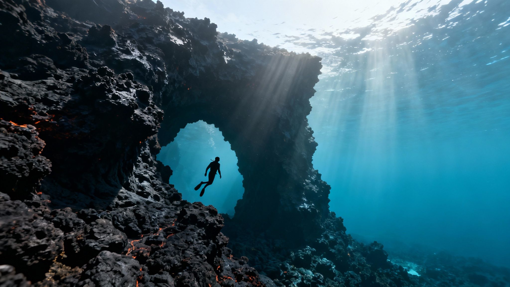 A vibrant coral reef with clear blue water and a variety of fish, showcasing the excellent visibility common to Big Island scuba diving.